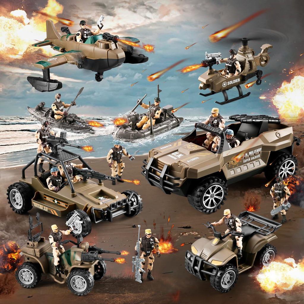 56-in-1 Army Men Toys for Boys 4-7 6-8 8-12, Military Truck/Helicopter/Kayak Boat/Motorcycle/Army Men Action Figures/Weapon Gears, Army Toys for Boys Kids Birthday Gifts Party Favors