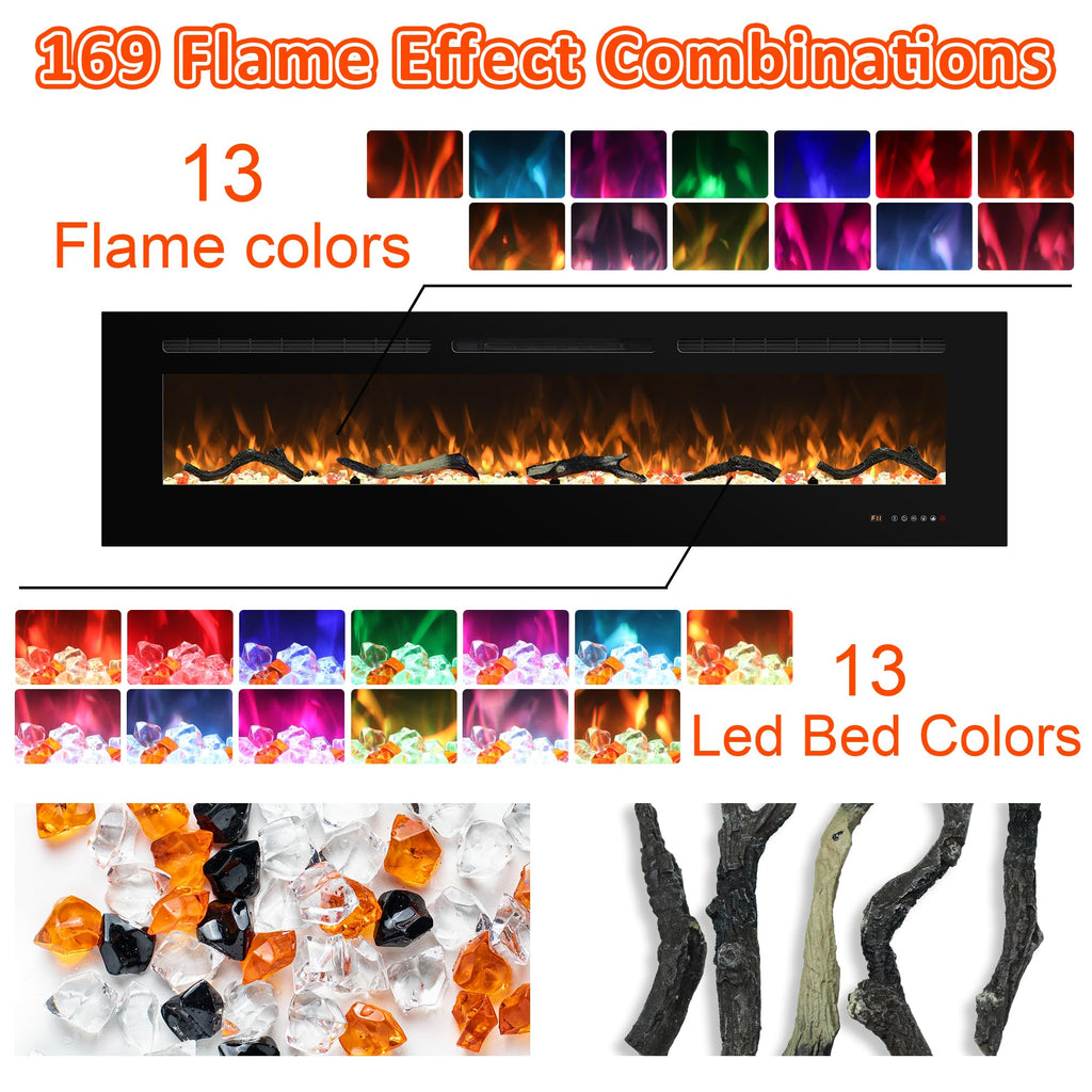 Electric Fireplace 30 inch Wide, Wall Mounted Fireplace Inserts Electric Heater, 13 * 13 Flame Effects Like Real Flame, Low Noise, Timer & Thermostat Setting, 750W/1500W, Black