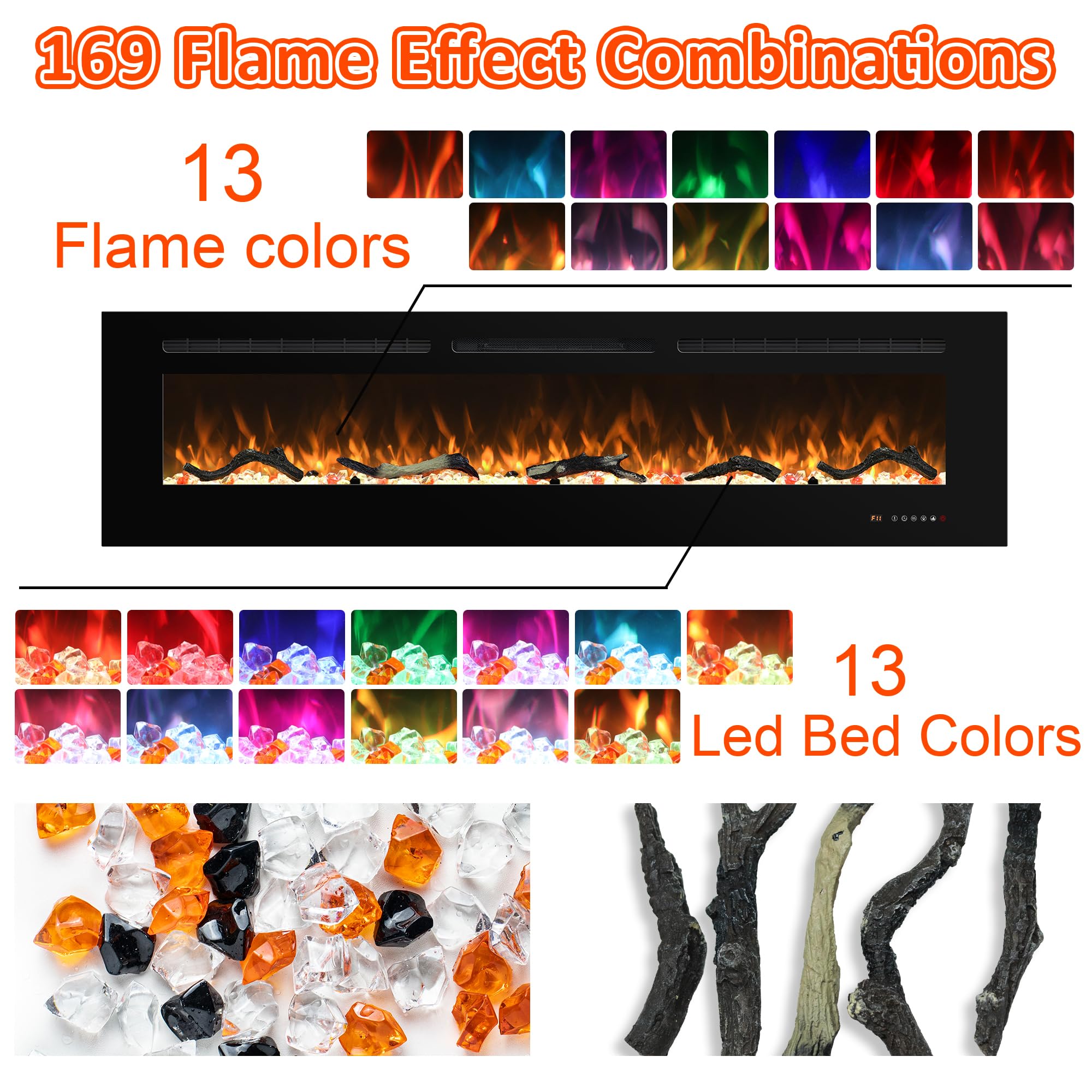 Electric Fireplace 30 inch Wide, Wall Mounted Fireplace Inserts Electric Heater, 13 * 13 Flame Effects Like Real Flame, Low Noise, Timer & Thermostat Setting, 750W/1500W, Black