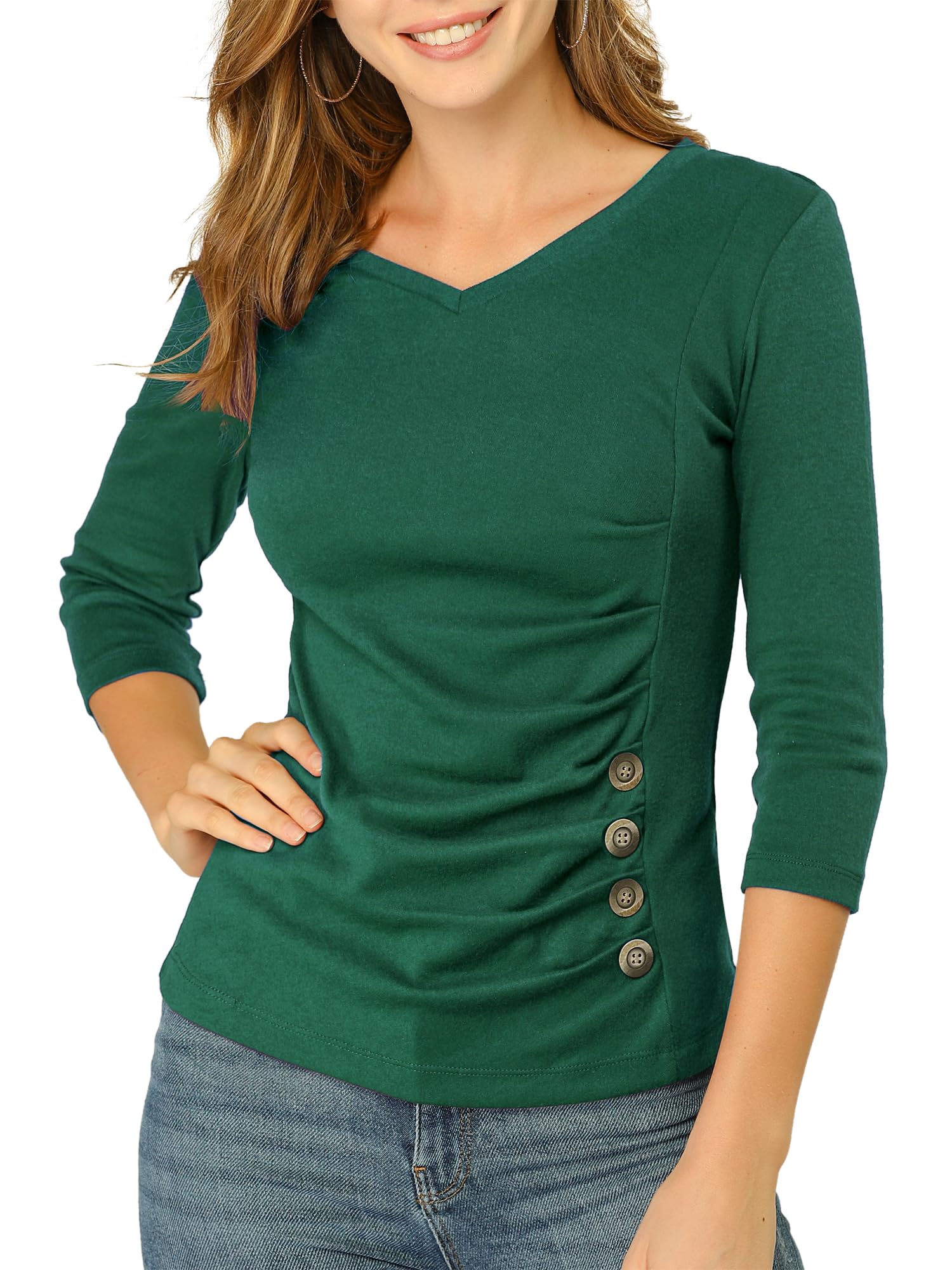 Allegra K Women's V Neck Tops 3/4 Sleeves Solid Knitted Buttons Decor Ruched Blouse