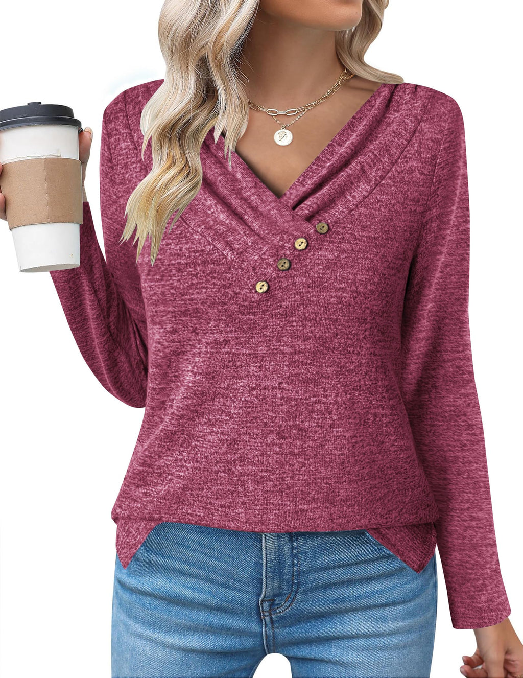 Zeagoo Women's Casual Tunic Tops Long Sleeve Shirts for Leggings V Neck Button Fall Pullover Blouse Loose Sweatshirts