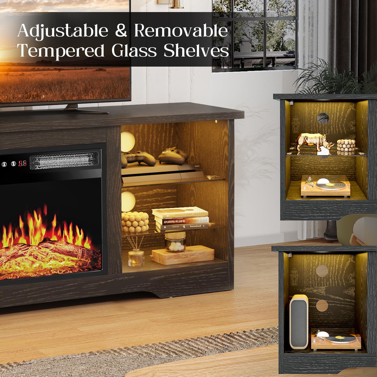 VITESSE 58 Inches Fireplace TV Stand for TVs up to 65 Inches Console with 18'' Electric Fireplace & Remote,Wooden Modern Entertainment Center for Living Room with LED Light Glass Shelves（Bei）
