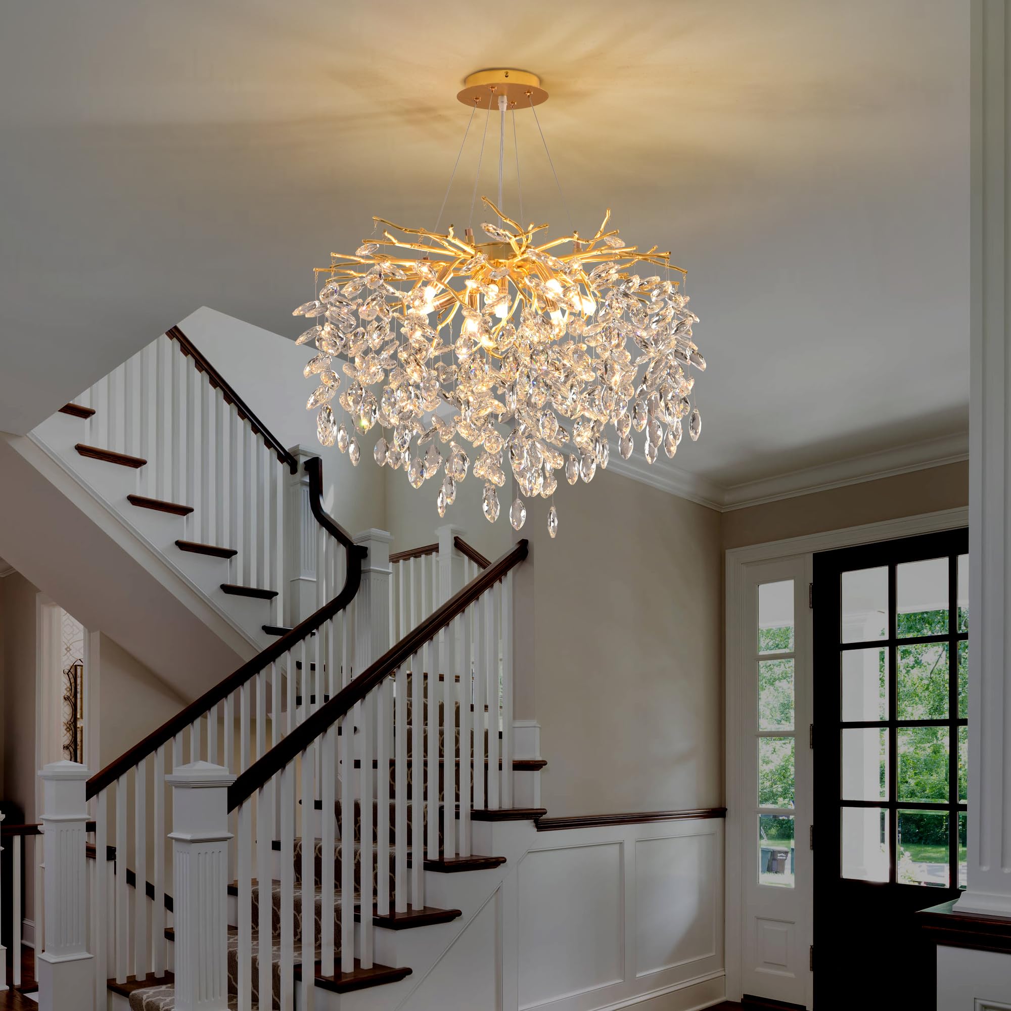 Modern Crystal Raindrop Chandelier, L40'' Black Linear Rectangle Art Deco Tree Branch Lighting Fixture for Kitchen Island Living Room Foyer Staircase 10 Lights