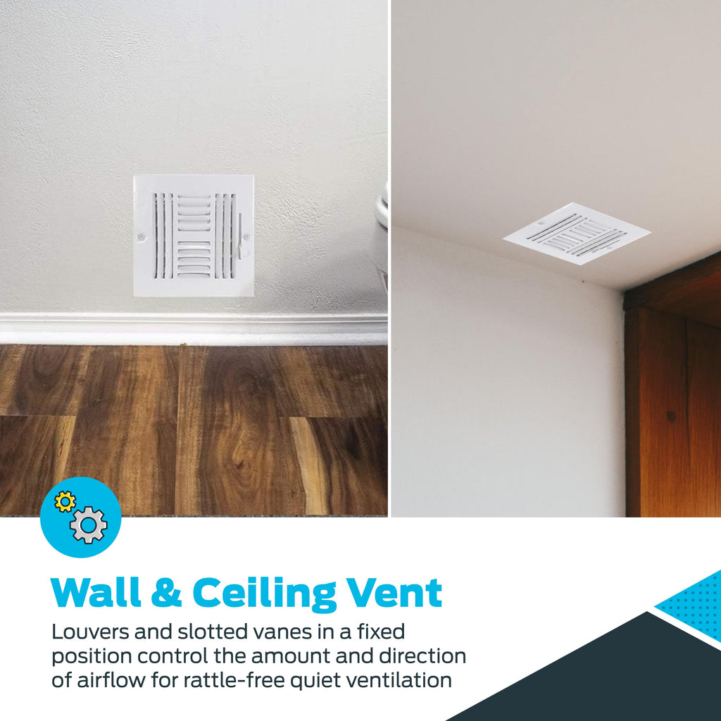 EZ-FLO 6 x 6 Inch (Duct Opening) Air Vent Cover for Wall or Ceiling, Four-Way Ventilation Register, Solid Steel HVAC Register Cover, White, 61617