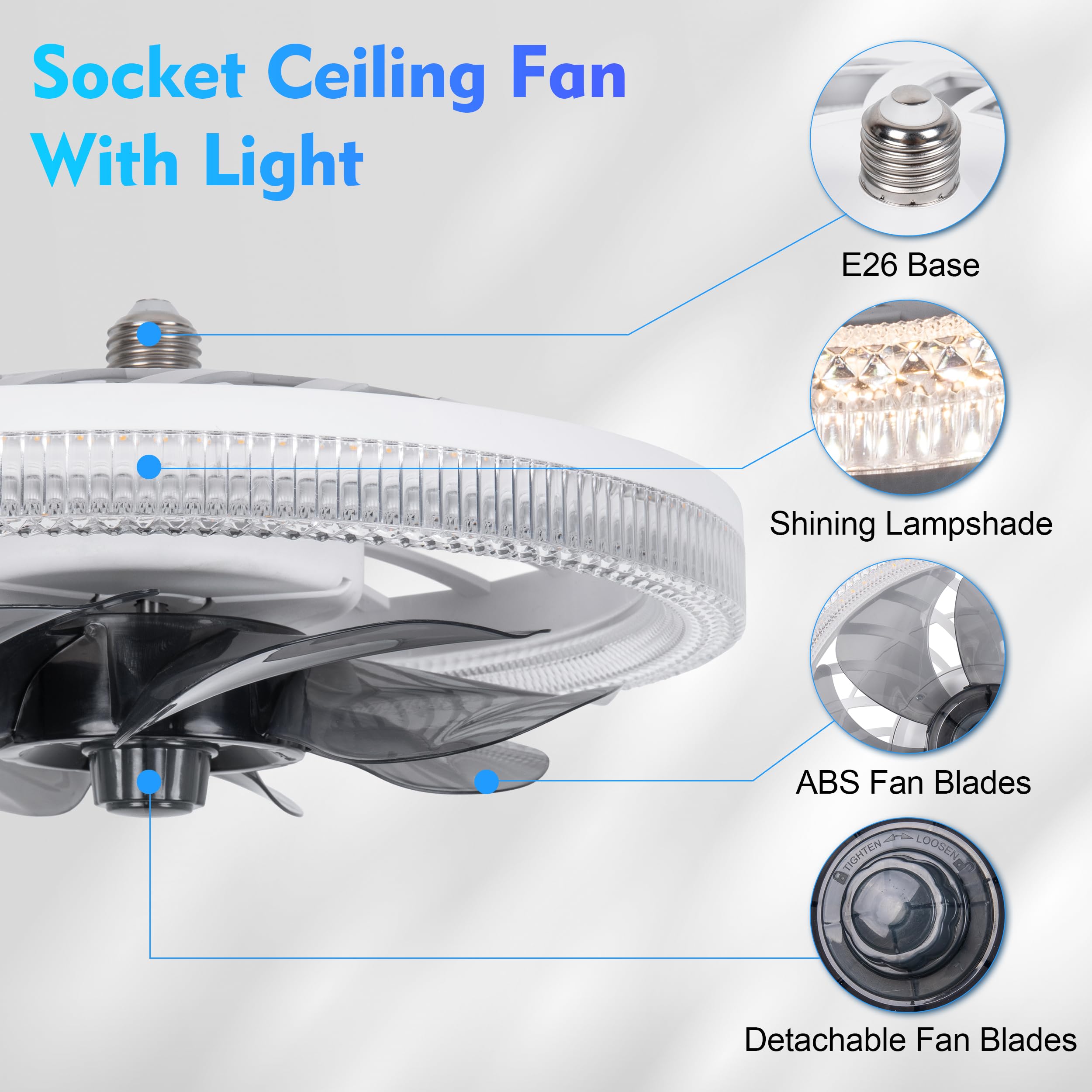 Socket Ceiling Fan Light,Bulb Socket Fan with Remote,Dimmable E26 Base Ceiling Fans with Lights for Bedroom,Screw in Fan and Light Combo,Mini Small Ceiling Fan with Light,Recessed Light Fan Lamp