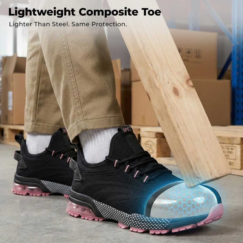 SPIEZ Safety Shoes for Women, Composite Toe Work Shoes with Air Cushioned Comfort, Lightweight Puncture Proof Safety Sneakers for Work and Daily Wear, Black Pink/Purple US4.5–10