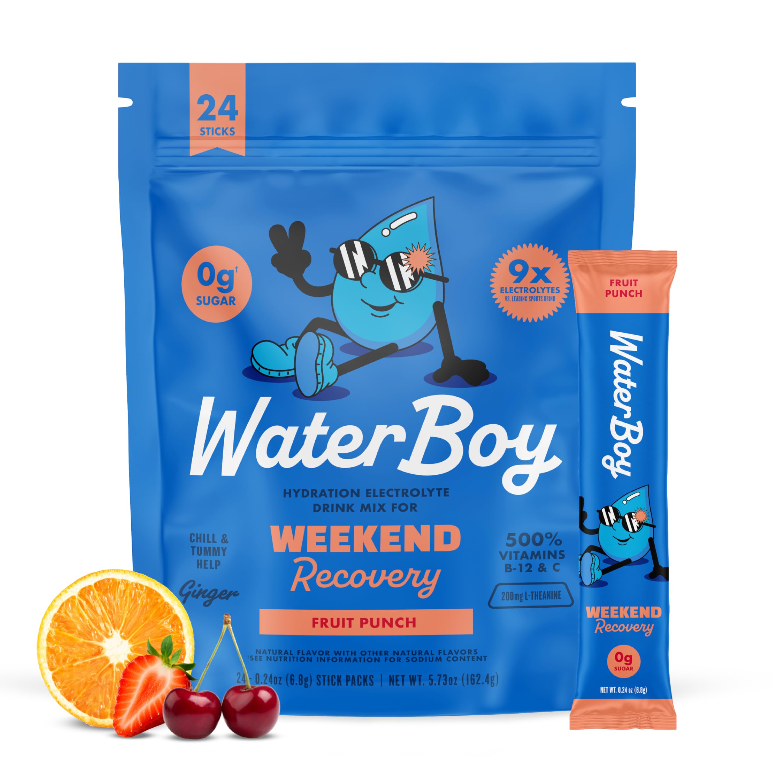 Waterboy - Weekend Recovery, Blue Raspberry, Sugar Free Electrolytes Powder Drink Mix - 24ct Hydration Packets