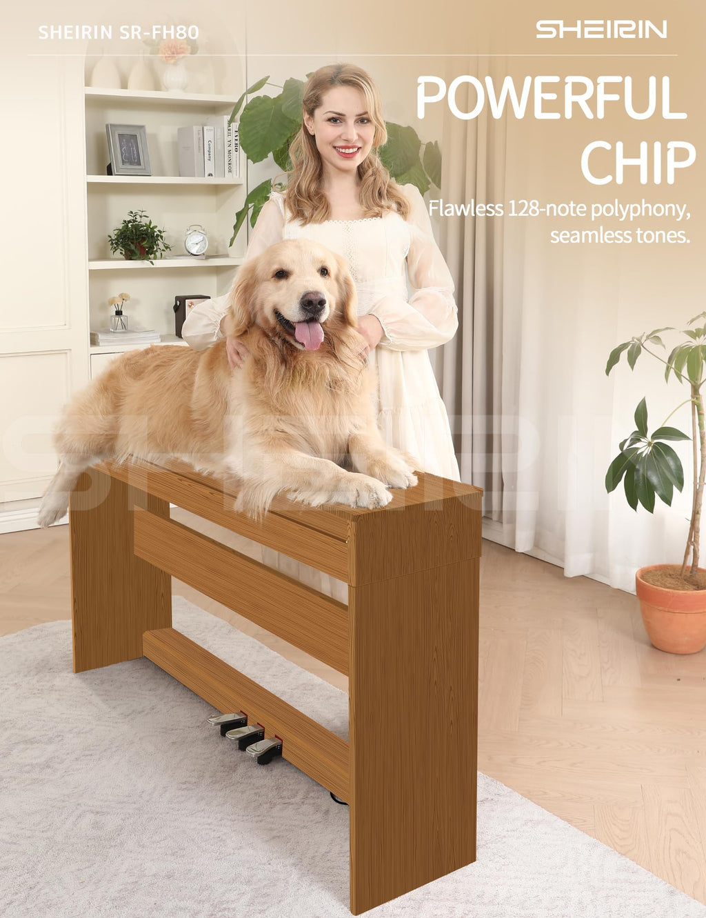 Digital Piano Hammer Action Keyboard 88 Keys Upright Acoustic Electric Weighted Piano Beginner MIDI Cover Full Size Sustain Pedal Stand Real Professional SR-FH80 (Beige Full Cover)
