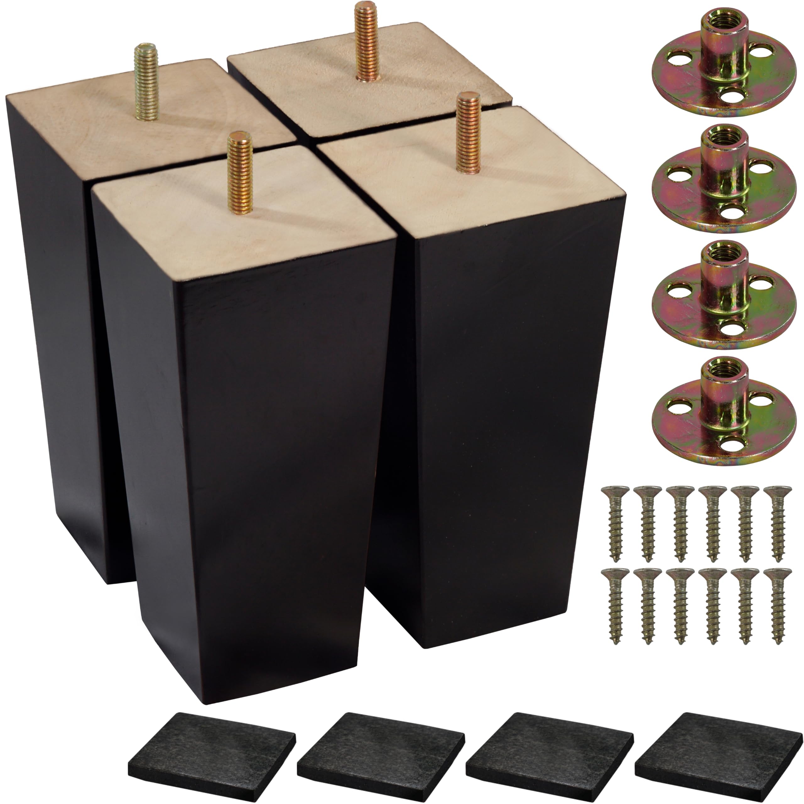 BARIEN (5 Sizes: 3"- 4"- 5"- 6"- 8") Set of 4 Wood Furniture Legs - Square Sofa Legs, Couch Leg - Brown Mid-Century Modern Replacement Legs for Armchair Recliner Coffee Table Dresser (3")