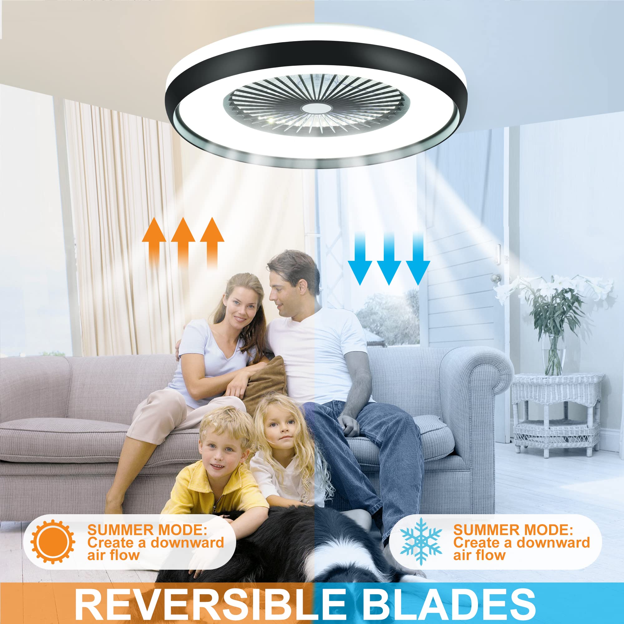 24" Bladeless Ceiling Fan with Light Remote, Smart LED Ceiling Fans with App Control, Modern Low Profile Dimmable Light Ceiling Fan for Bedroom Living Room Gold