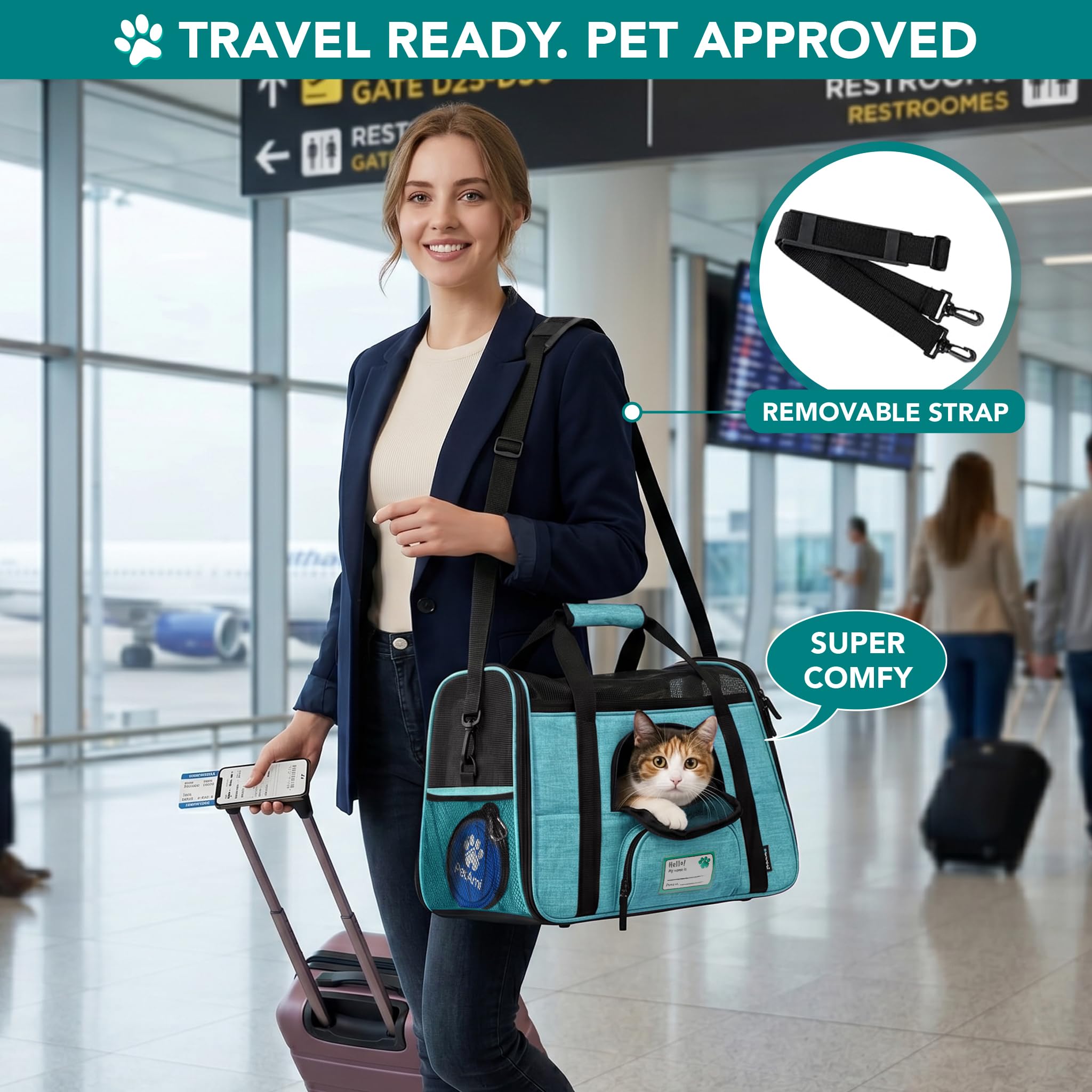 PetAmi Airline Approved Pet Carrier for Cats & Small Dogs, Soft Sided TSA Travel Carrier Bag with Sherpa Bed, Breathable Mesh Ventilation, Collapsible Bowl, Fits Under Seat, Up to 18 lbs, Small Black