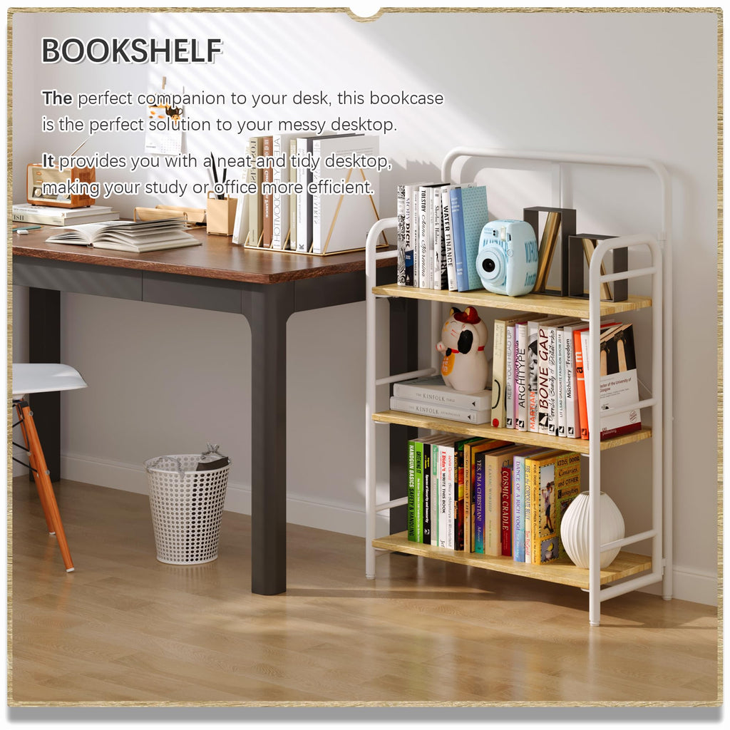 4NM No Assembly Folding Bookshelf, 3 Tiers Collapsible Book Shelves Open Industrial Foldable Storage Bookcase Shelf for Bedroom, Living Room, Home Office - Natural and White