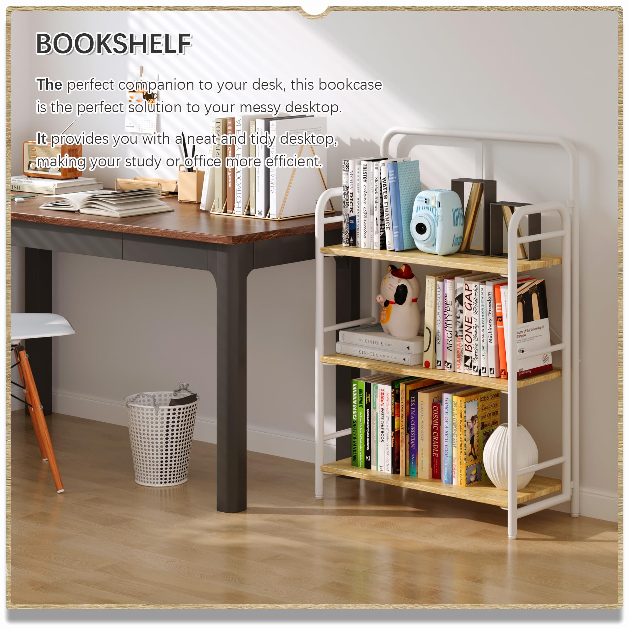 4NM No Assembly Folding Bookshelf, 3 Tiers Collapsible Book Shelves Open Industrial Foldable Storage Bookcase Shelf for Bedroom, Living Room, Home Office - Natural and White