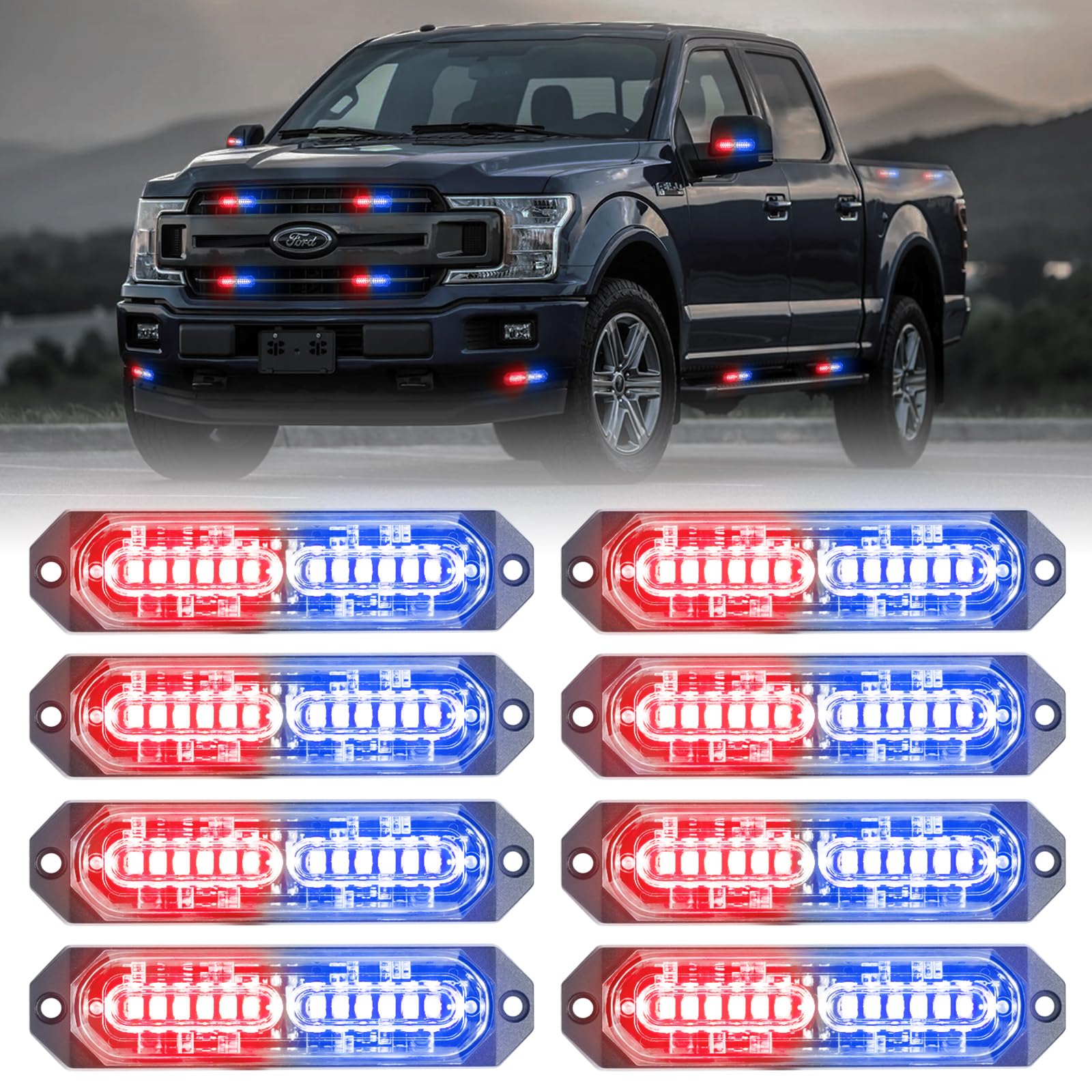 8-Pcs 12 LED Sync Feature Emergency Strobe Grille Lights Ultra Slim Surface Mount Hazard Warning Flashing Light Bar for Firefighter/Construction/Police/Trucks/Vehicles/Car/SUV (Amber/White)