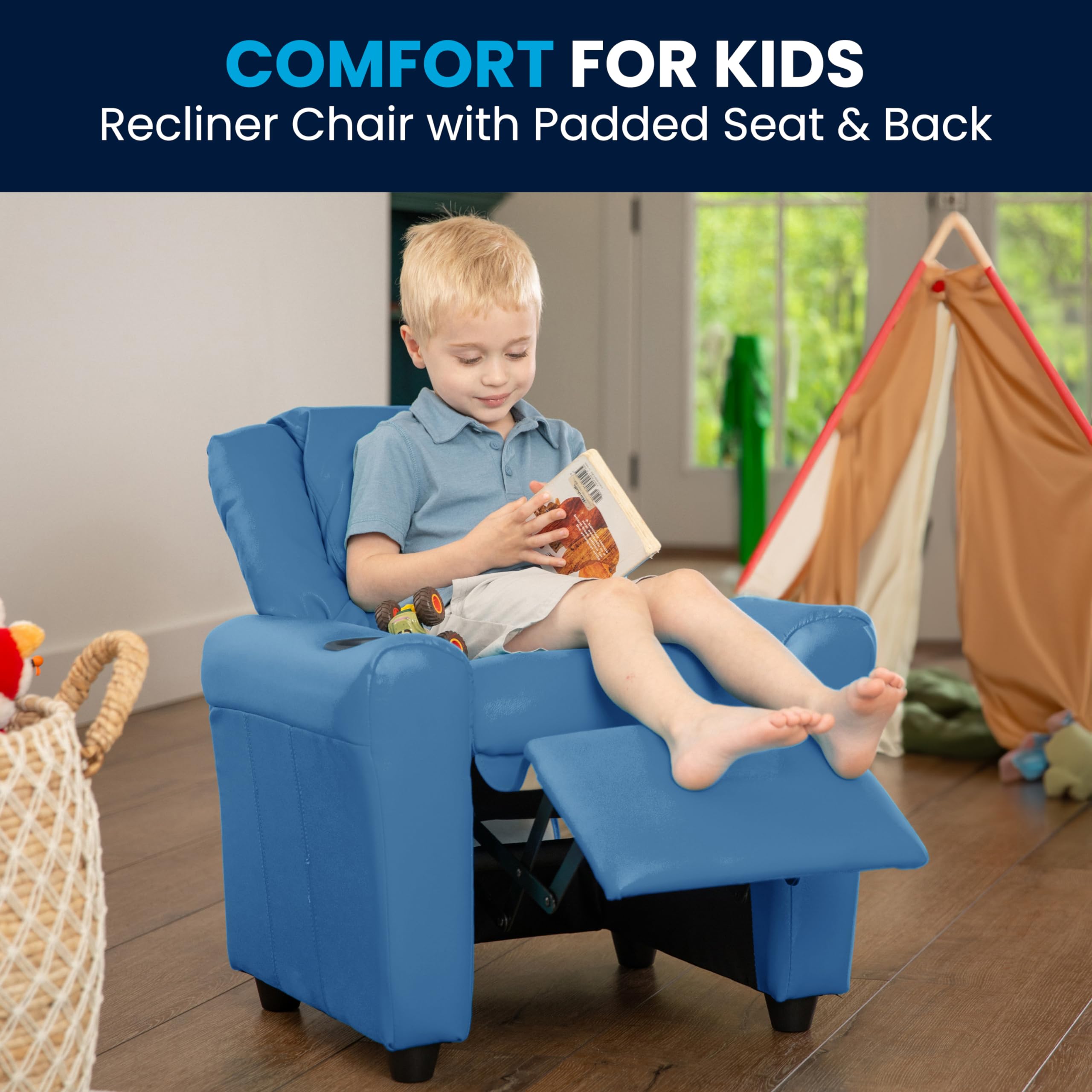 Flash Furniture Vana Vinyl Kids Recliner with Cup Holder, Headrest, and Safety Recline, Contemporary Reclining Chair for Kids, Supports up to 90 lbs., Beige