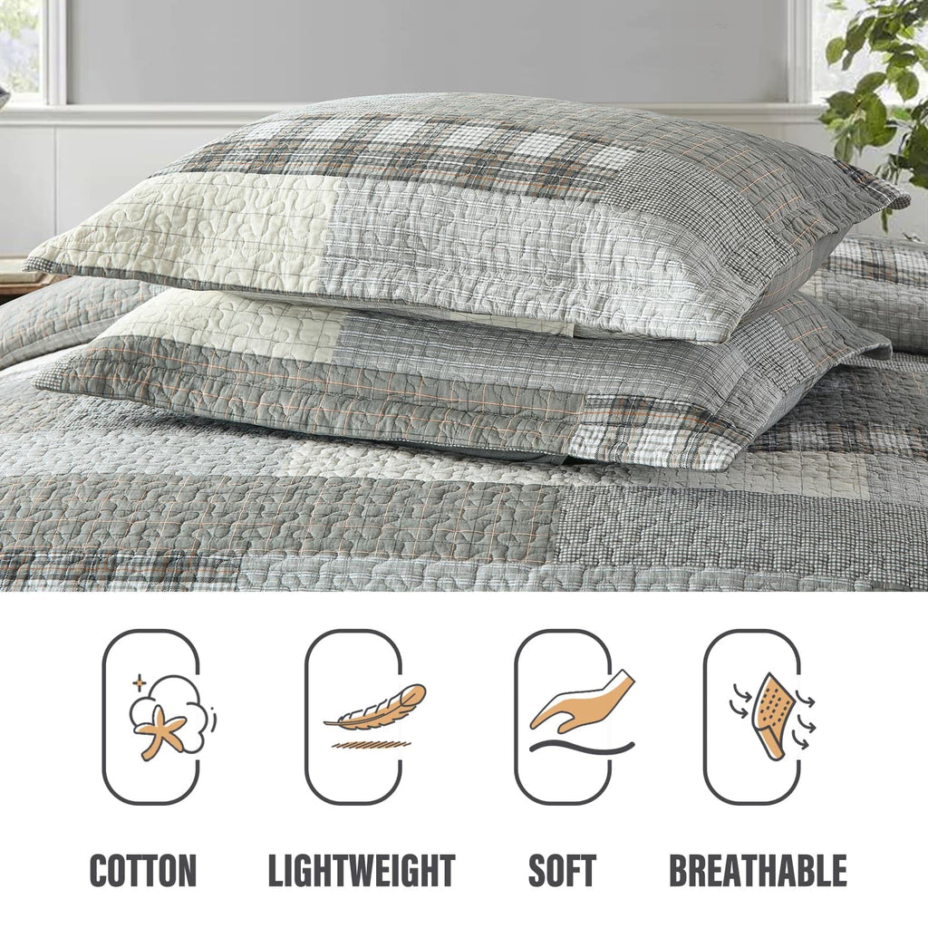 Y-PLWOMEN 100% Cotton Farmhouse Plaid Lightweight 3-Pieces Quilt Set (Blue Brown, Queen90 * 98 Inch)