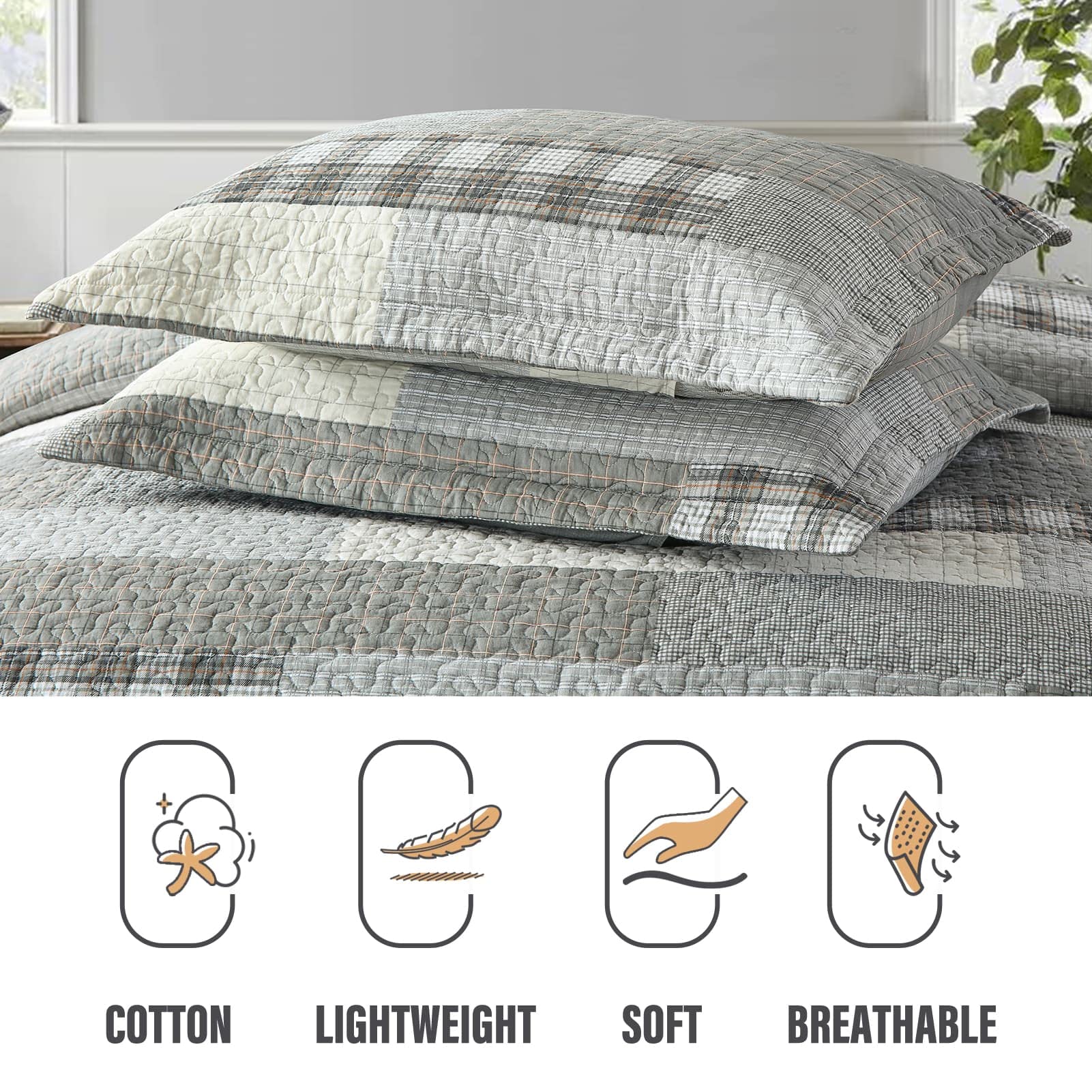 Y-PLWOMEN 100% Cotton Farmhouse Plaid Lightweight 3-Pieces Quilt Set (Blue Brown, Queen90 * 98 Inch)