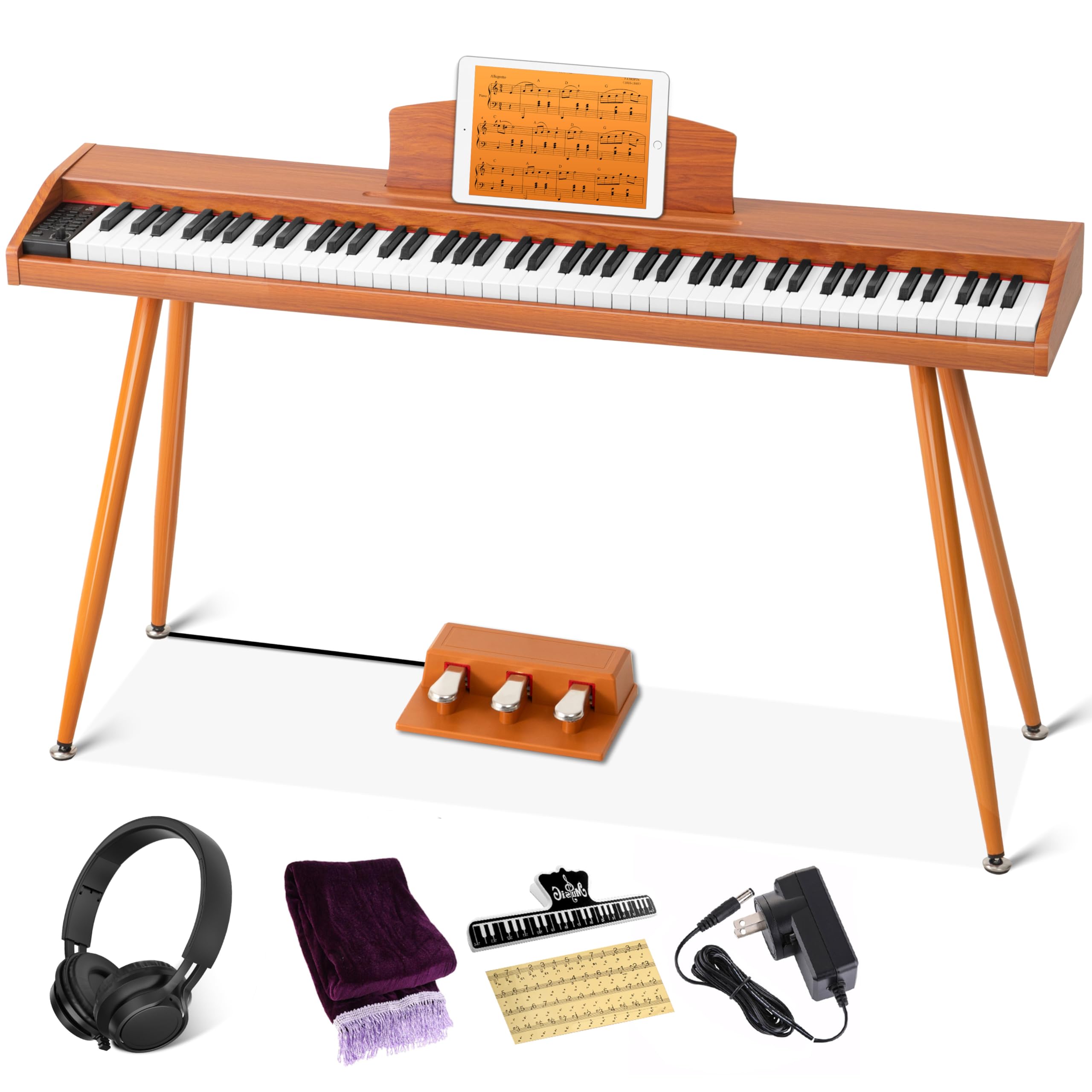 UISCOM Digital Piano Keyboard for Beginners, Full Size 88 Key Semi-Weighted Keyboard Electric Piano with Stand,Power Adapter,Sheet Music Stand,Pedal,Headphone,USB-MIDI Compatible,Wood Grain Apricot