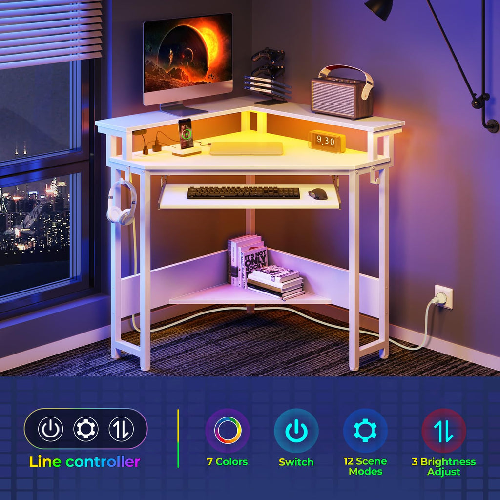 Rolanstar Corner Desk, 44.5" W x 34.5" H Small Computer Desk with Power Outlets, Gaming Desks with LED Lights, Triangle Corner Table with Keyboard Tray & Monitor Stand for Small Space, White