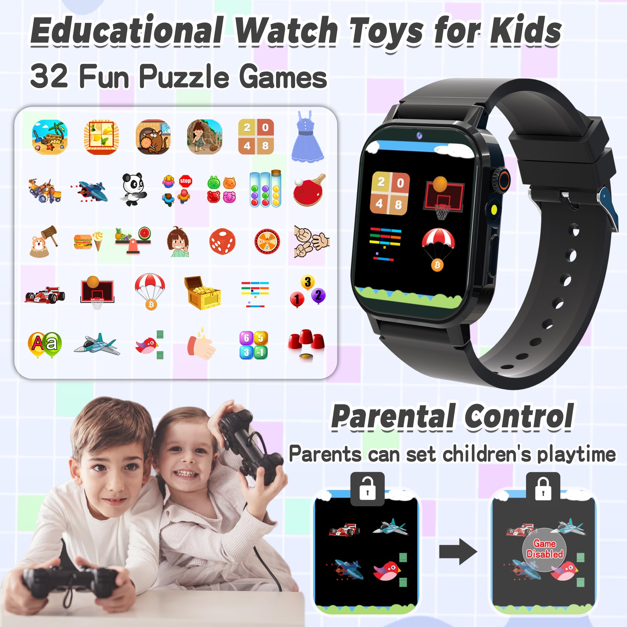 Kids Smart Watch Boys, Kids Game Smart Watch with 32 Games HD Touch Screen Video Camera Music Player Audiobooks Pedometer Flashlight Alarm Clock 12/24 hr, Toys Gift for 3-12 Years Old Boys Girls
