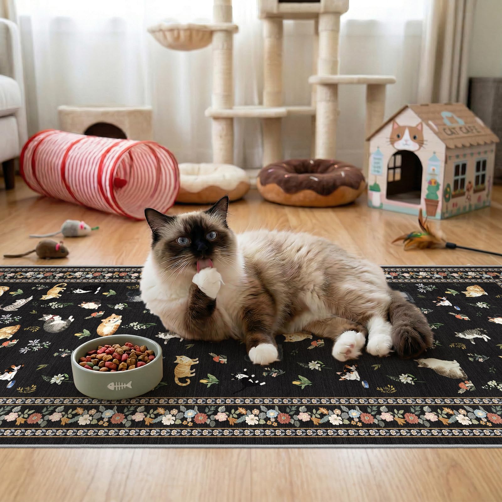 2x5 Washable Kitchen Runner Rug - Soft Low Pile Floral Animal Cat Print Rugs with Non-Slip Backing Waterproof Stain-Resistant Indoor Carpet for Hallway Entryway Bathroom Bedroom (Black)