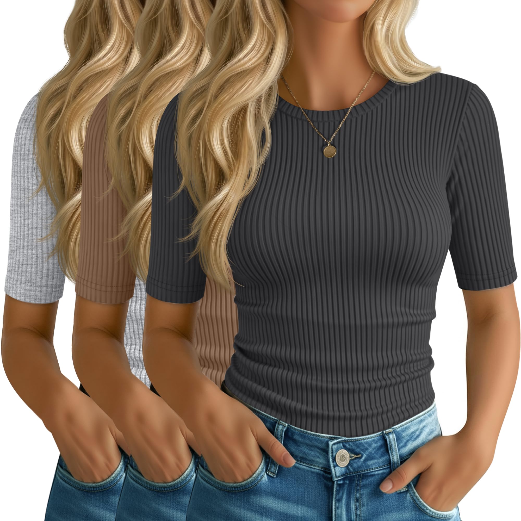 Riyiper 3 Pack Women's Elbow Length Tops, Half Sleeve Ribbed Cotton T Shirt Crew Neck Summer Tee Slim Fit Casual Blouses