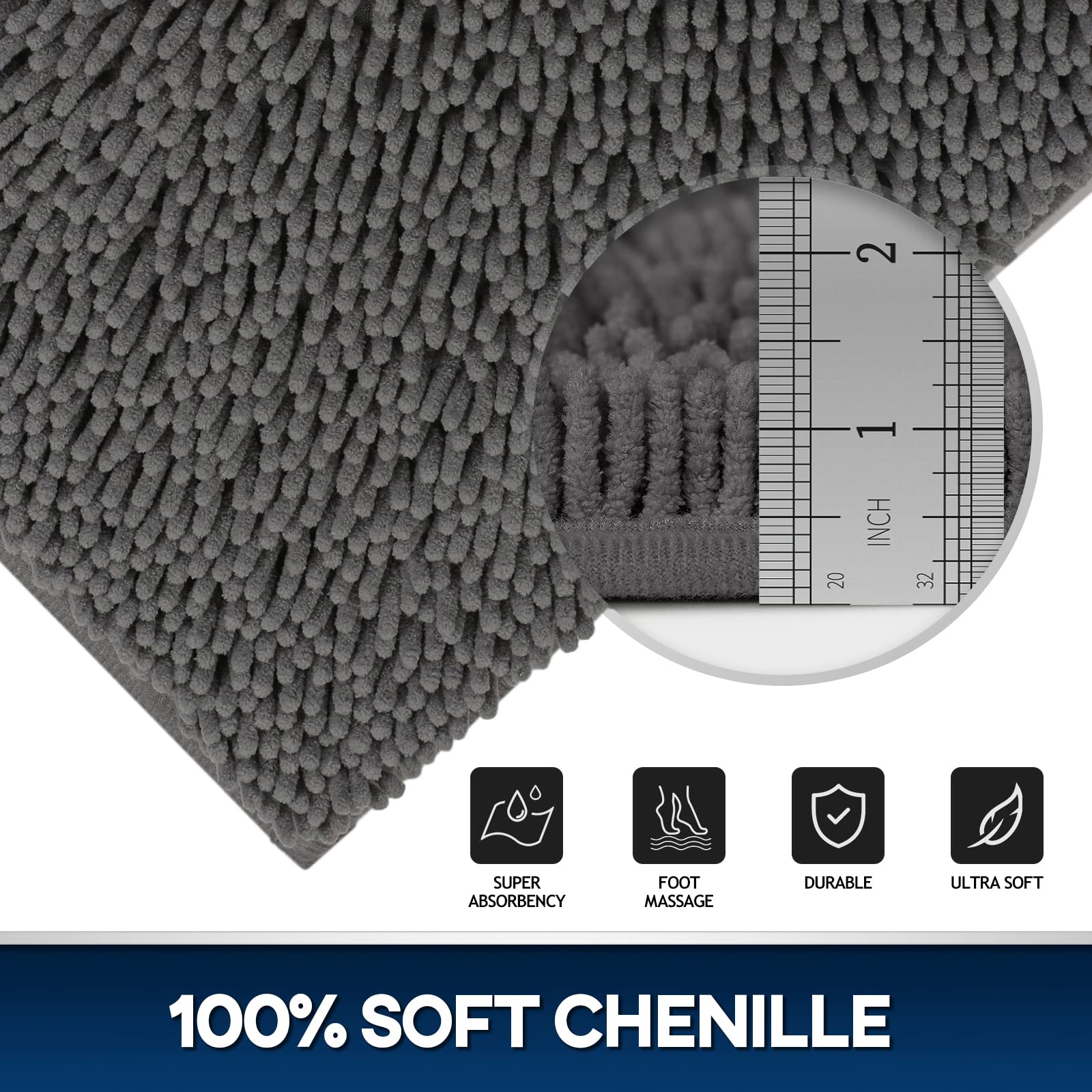 TREETONE Chenille Bath Mat 3 Pieces Bathroom Rugs Set, 20x20 Inches U-Shape Contoured Toilet Mat & 20x32 Inches Rug & Lid Cover,Water Absorbent Plush Rugs for Tub Shower & Bath Room -Beige