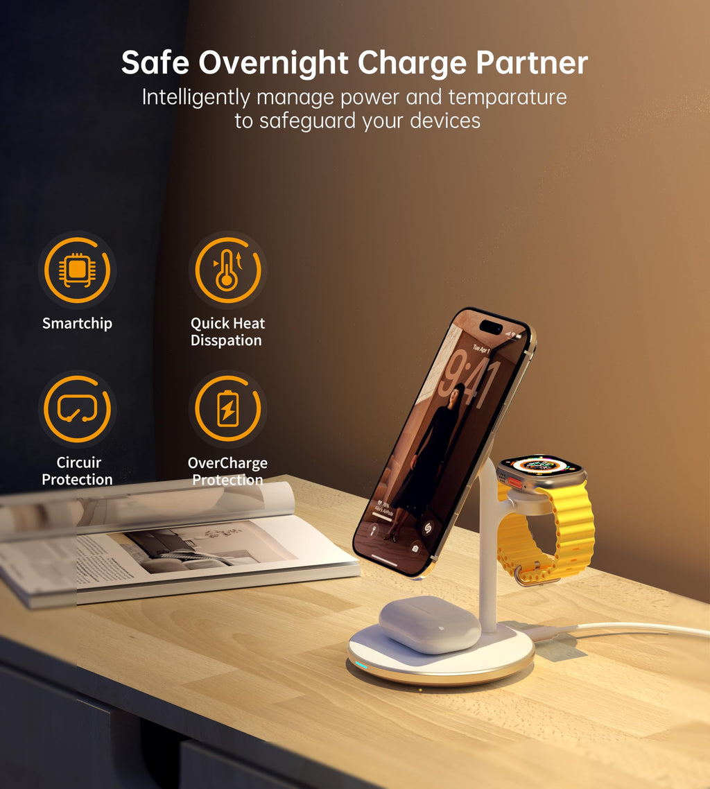XooFly 3 in 1 Wireless Charging Station for Apple Devices, Fast Wireless Mag-Safe Charger Stand with 20W Adapter for iPhone 17/16 15 14 13 12 Pro Max/Pro/Plus/Air/Mini, iWatch, AirPods (Black)