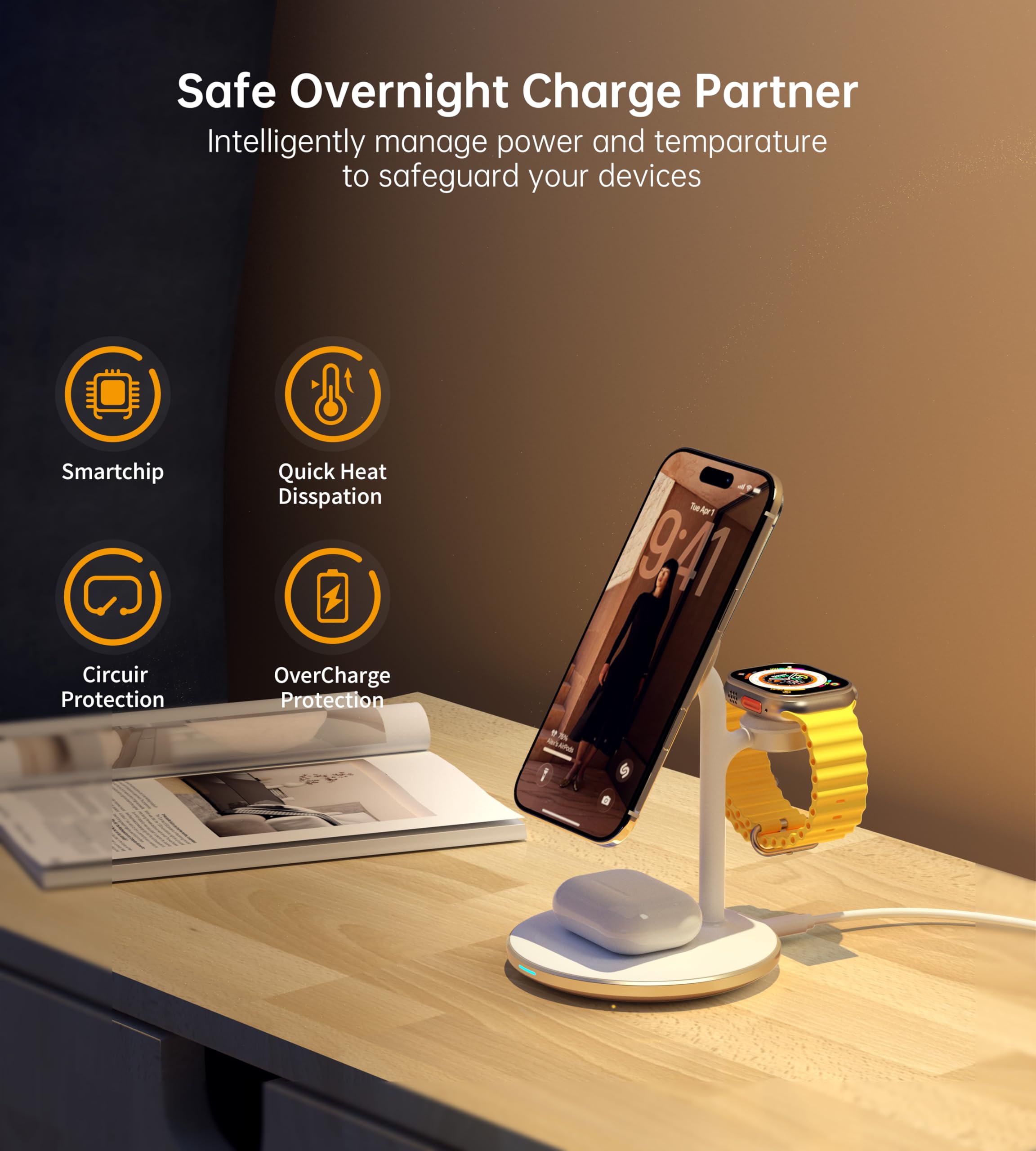 XooFly 3 in 1 Wireless Charging Station for Apple Devices, Fast Wireless Mag-Safe Charger Stand with 20W Adapter for iPhone 17/16 15 14 13 12 Pro Max/Pro/Plus/Air/Mini, iWatch, AirPods (Black)