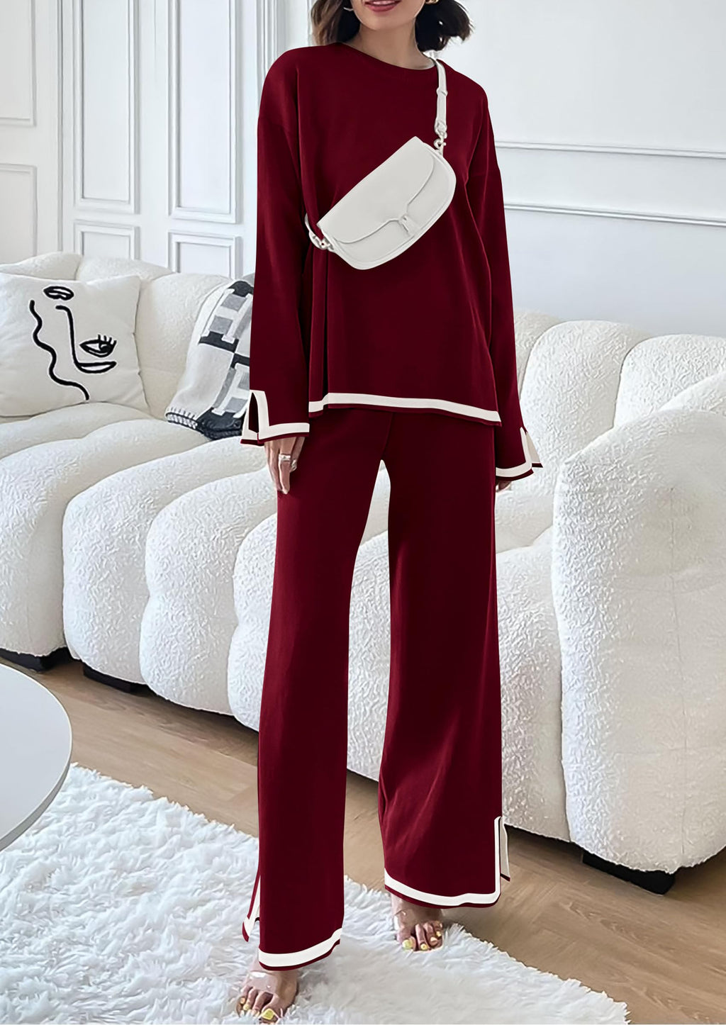 PRETTYGARDEN Women's 2 Piece Knit Sweater Set Travel Outfits | Long Sleeve Tops, Wide Leg Pants, Soft Matching Sweat Track Suits, Casual Fall Winter Clothes for Brunch, Going Out & Cruise