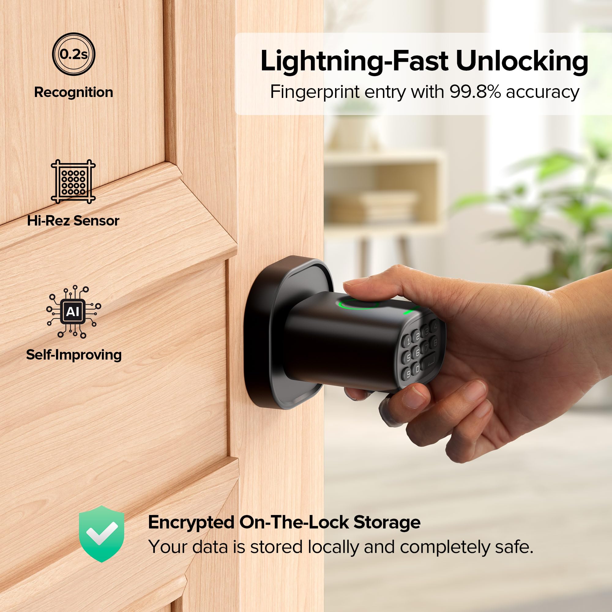 ThorBolt Fingerprint Door Lock with Keypad Door Knob, HomeKit Lock Over 𝗧𝗛𝗥𝗘𝗔𝗗, HomeKit Hub 𝗥𝗲𝗾𝘂𝗶𝗿𝗲𝗱, 𝗶𝗢𝗦 𝗢𝗡𝗟𝗬 Smart Lock for Interior Door, Bedroom, Office, MK1 Black