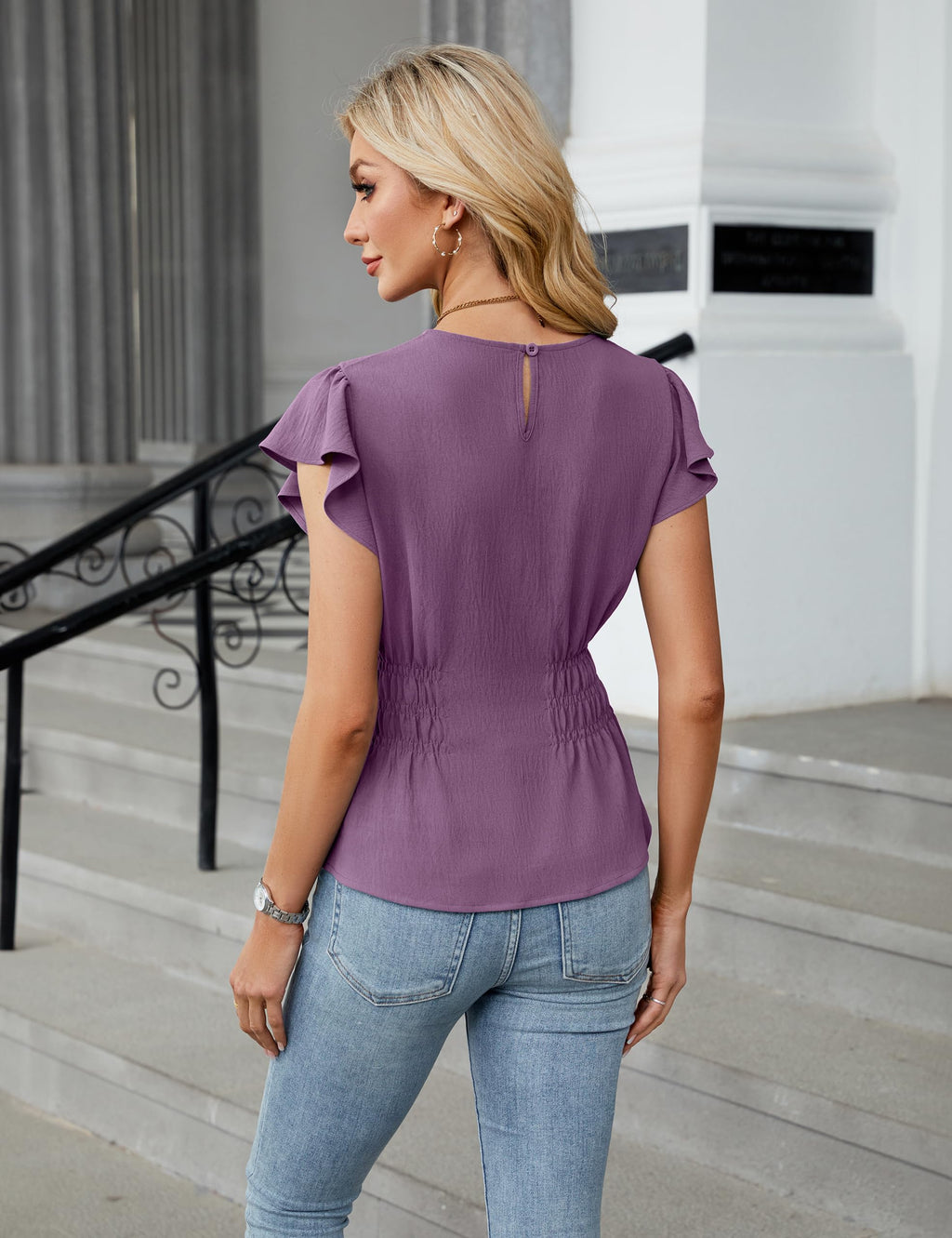 Blooming Jelly Women's Dressy Casual Blouses Business Ruffle Short Sleeve Tops Summer Crew Neck Smocked Shirts