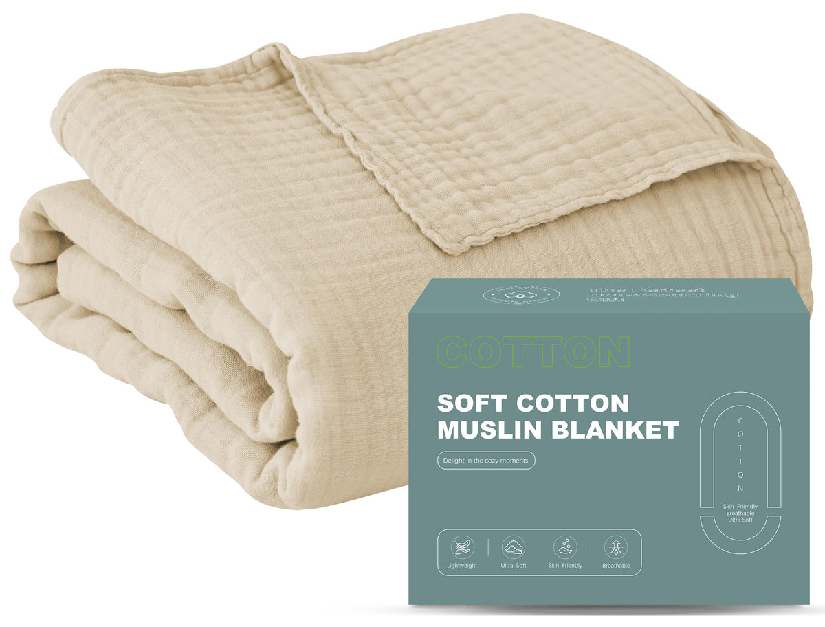 Cosy Family 4 Layer Muslin Bed Blanket - Breathable and Lightweight Gauze Boho Blanket for Spring, Soft 100% Cotton Muslin Blanket, Brown, 55x80 Inches