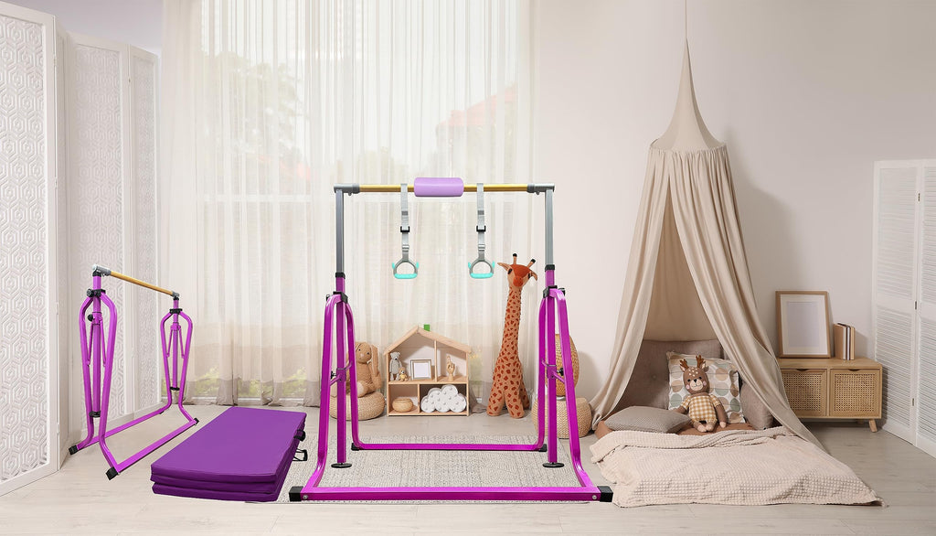 Foldable & Moveable Gymnastics Horizontal Bar with Rings,3’to 5’Adjustable Height Expandable Junior Kip Bar for Home,Indoor Gym Equipment for Kids