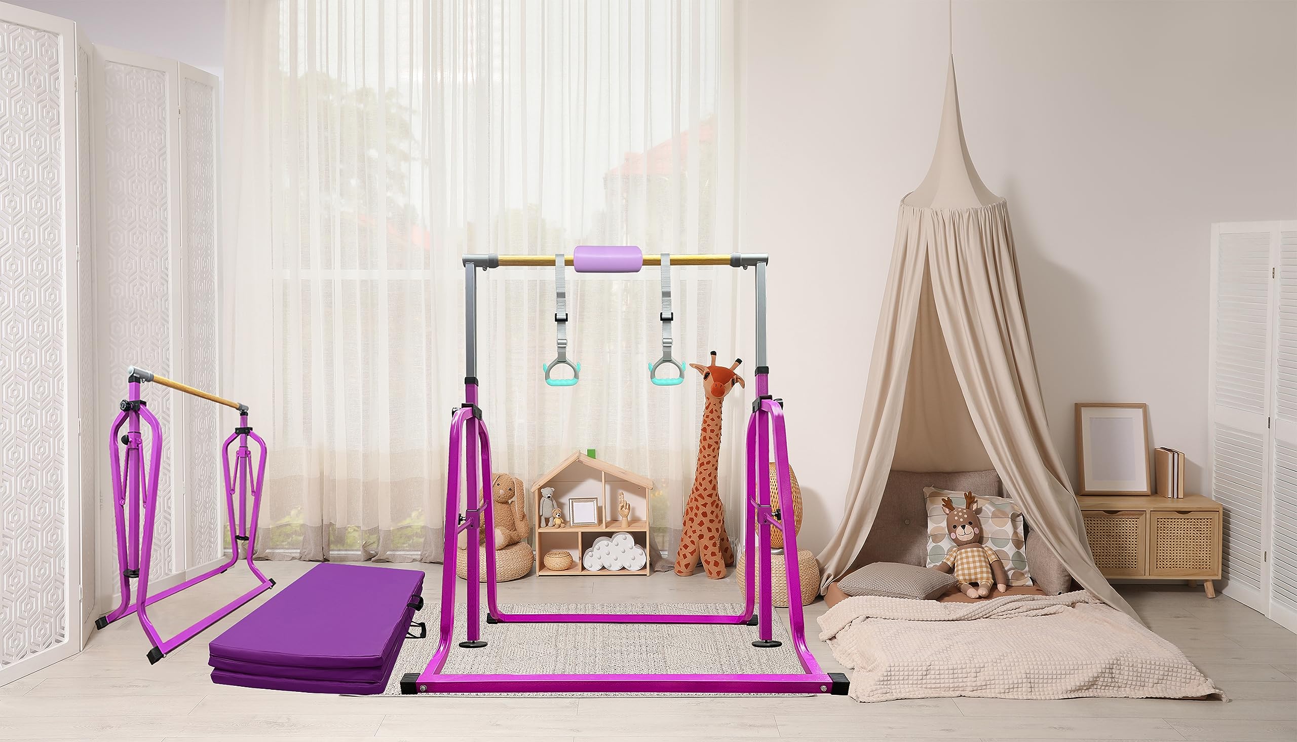 Foldable & Moveable Gymnastics Horizontal Bar with Rings,3’to 5’Adjustable Height Expandable Junior Kip Bar for Home,Indoor Gym Equipment for Kids