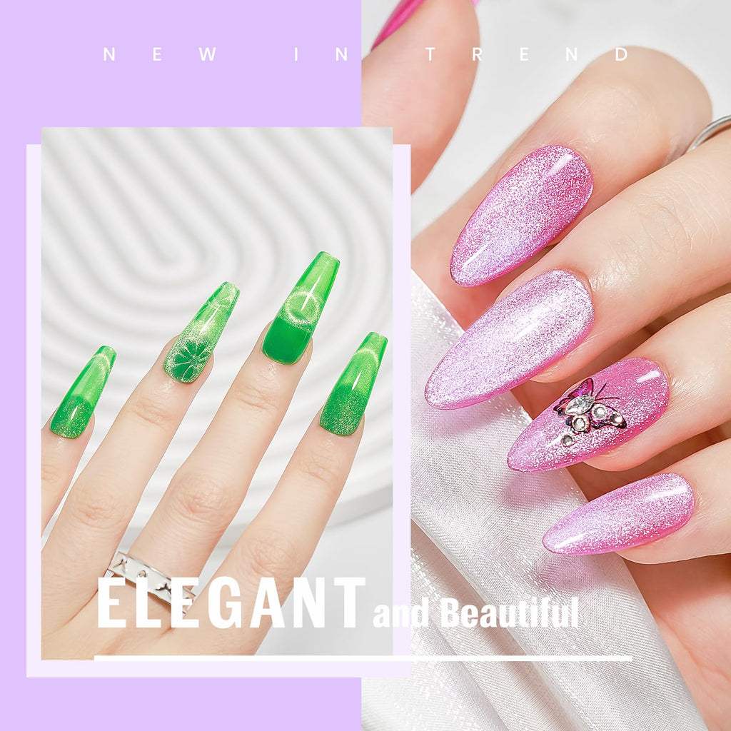MIZHSE Cat Eye Gel Nail Polish, Moonlight Magnetic Gel Polish and Sheer Nude Nail Kit with 1 Magnet Stick, Glass Shiny Effect Silver Pink Purple Soak Off Manicure Home DIY