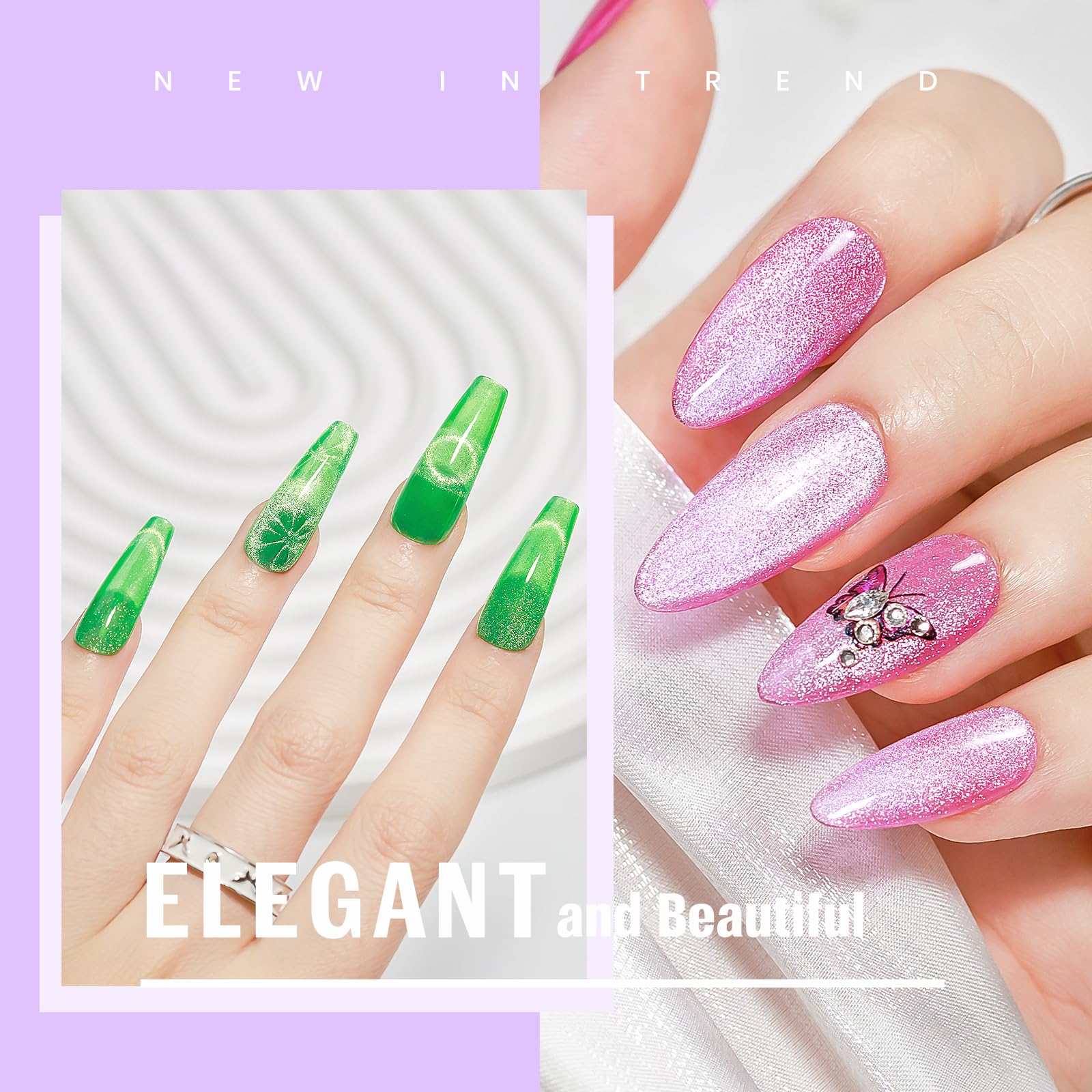 MIZHSE Cat Eye Gel Nail Polish, Moonlight Magnetic Gel Polish and Sheer Nude Nail Kit with 1 Magnet Stick, Glass Shiny Effect Silver Pink Purple Soak Off Manicure Home DIY