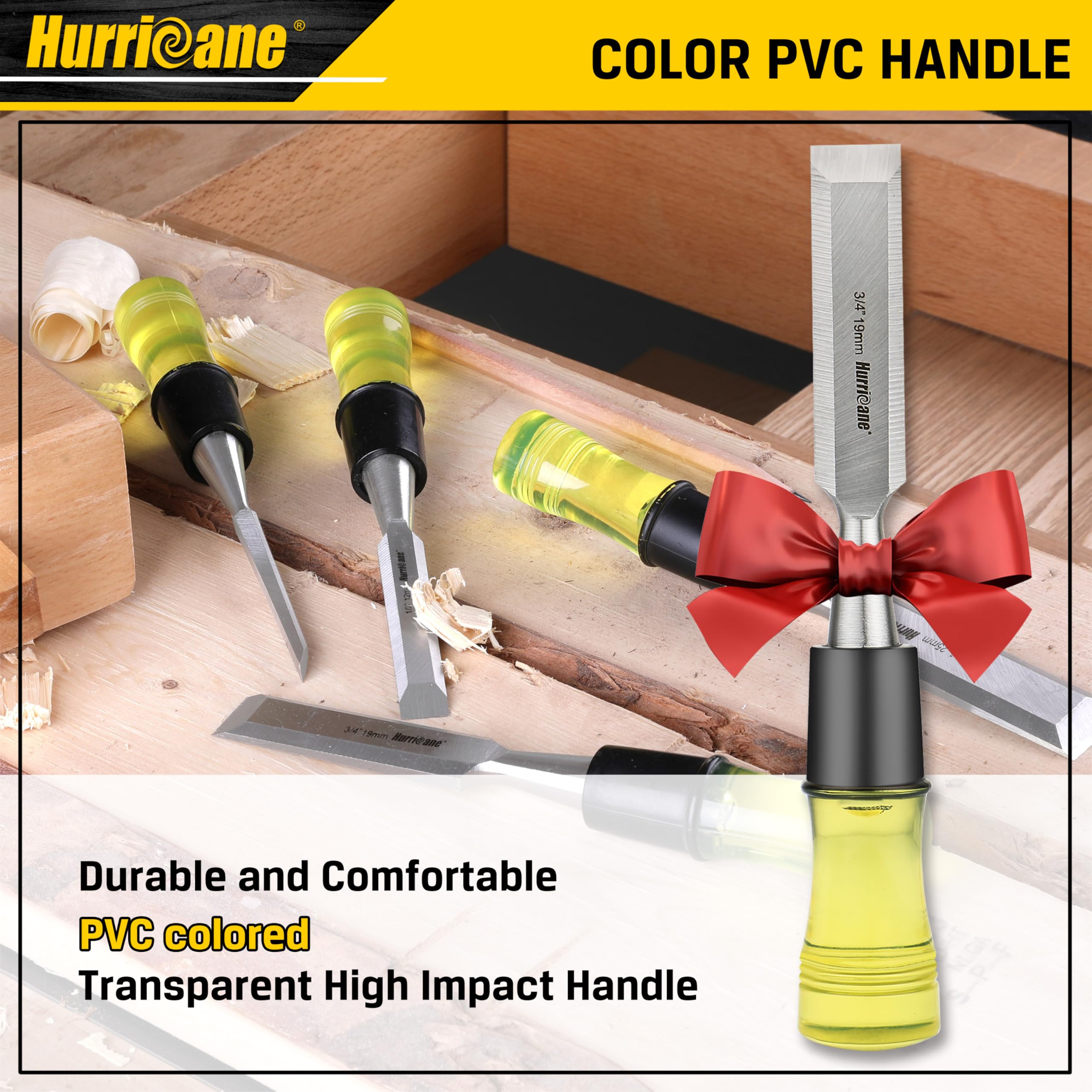 HURRICANE 4 Piece Wood Chisel Set for Woodworking. CR-V Steel Beveled Edge Blades with Safety Caps. Extra Large Grip, Impact-Resistant PVC Handle Chisels (1/4", 1/2", 3/4", 1")