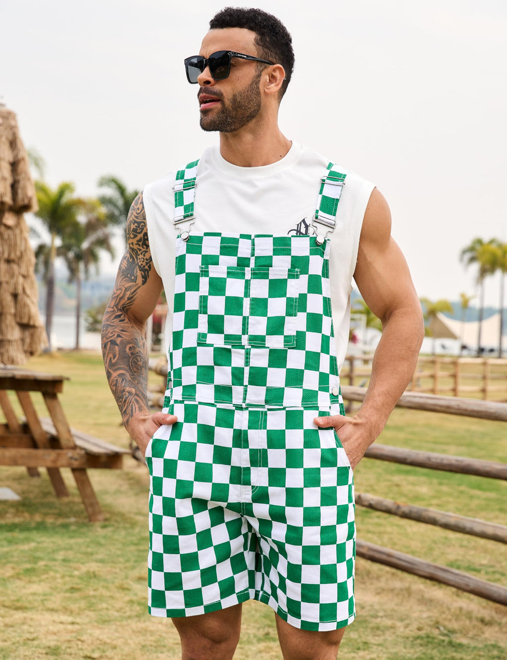 Odefou Checkered Bib Overalls for Men Jumpsuit Shorts Work Coveralls