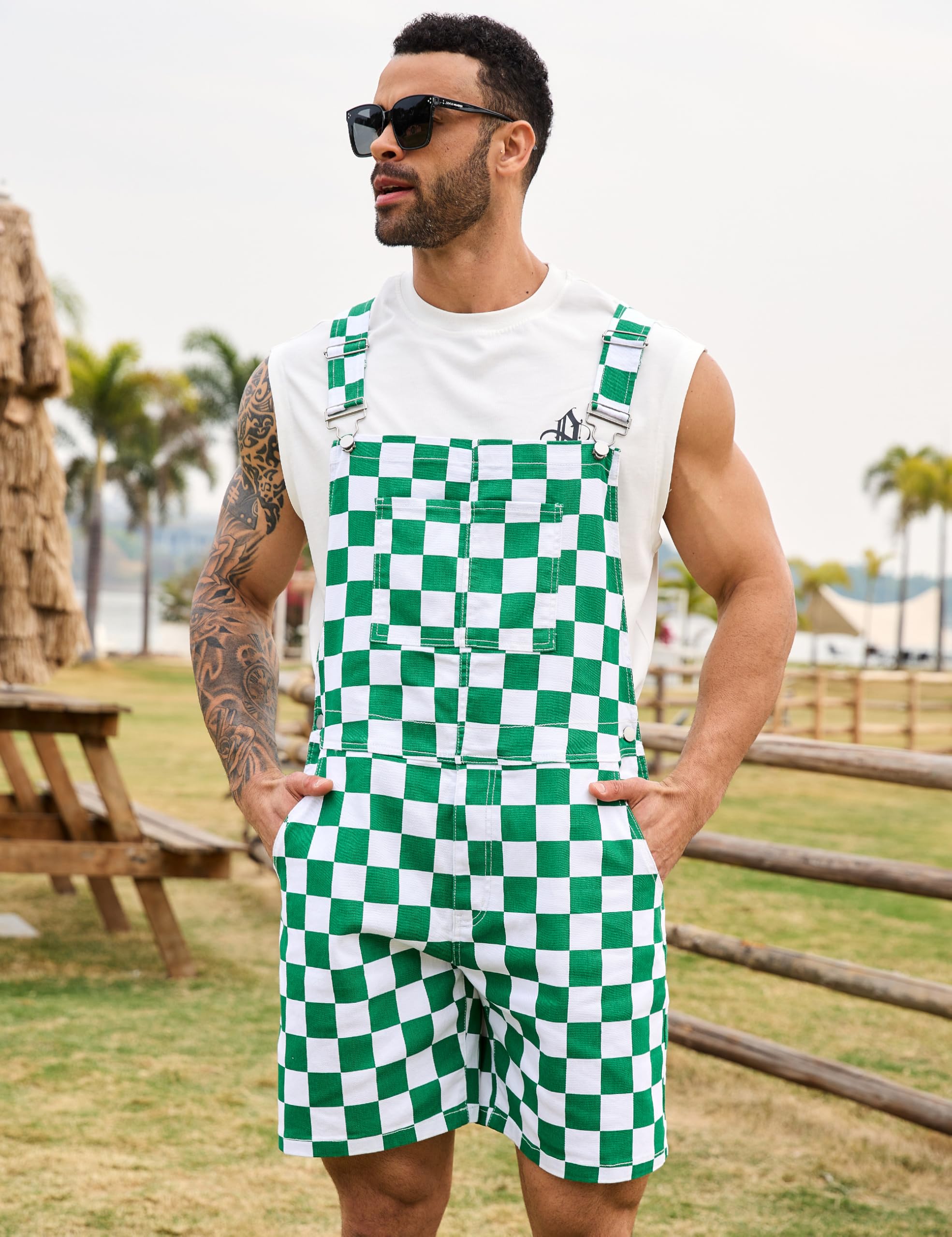 Odefou Checkered Bib Overalls for Men Jumpsuit Shorts Work Coveralls