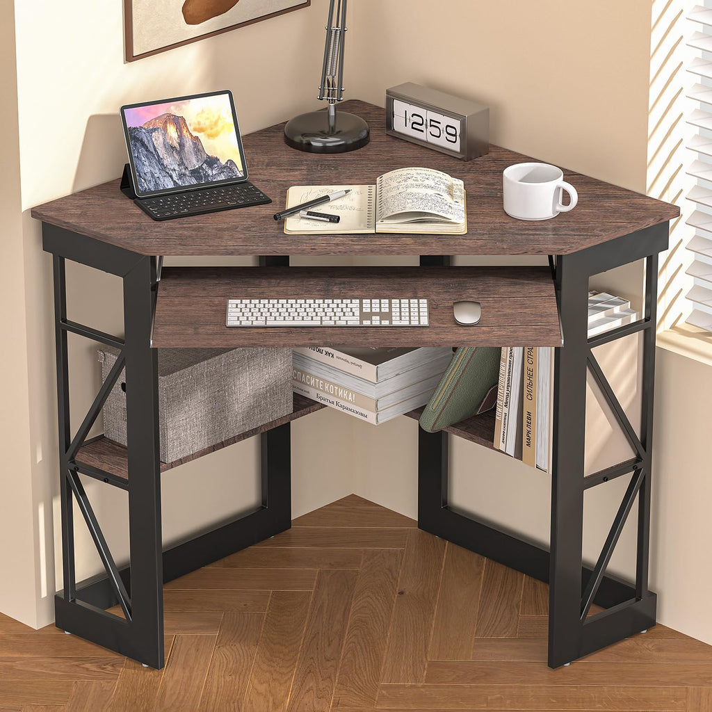 VECELO Corner Desk Computer Desk Writing Table with Smooth Keyboard Tray & Storage Shelves,Compact Home Office Triangle Table,Antique Brown