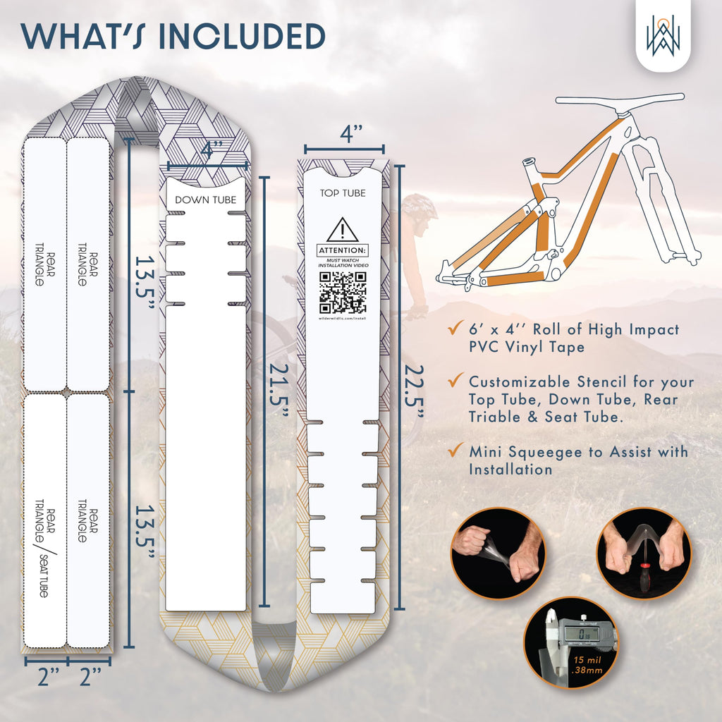 Bike Frame Protection Tape- High Impact Clear Vinyl Wrap Includes Tool (4”x72) Bicycle Frame Protector, Mountain Bike Frame Guard Chainstay Protector (Art Deco)