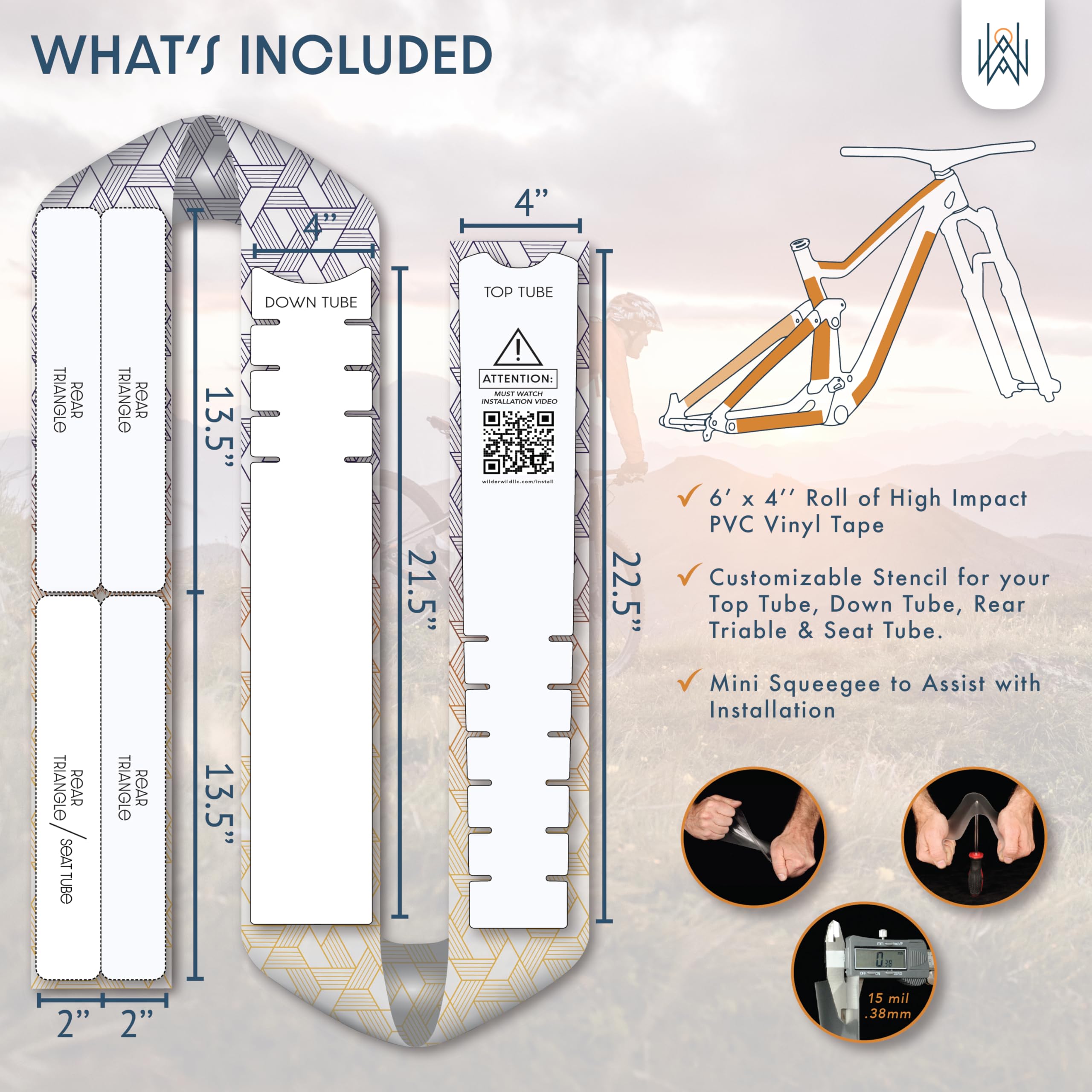 Bike Frame Protection Tape- High Impact Clear Vinyl Wrap Includes Tool (4”x72) Bicycle Frame Protector, Mountain Bike Frame Guard Chainstay Protector (Art Deco)