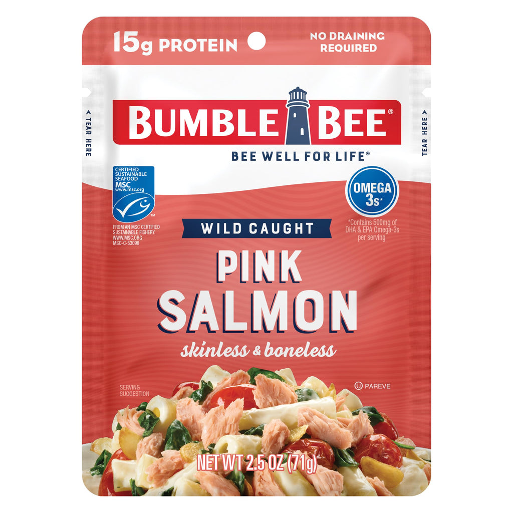 Bumble Bee Skinless & Boneless Pink Salmon, 5 oz Pouch - Premium Wild Caught Salmon for Snacks, Sandwiches & Recipes - 29g Protein per Serving - Gluten Free, Kosher, MSC Certified