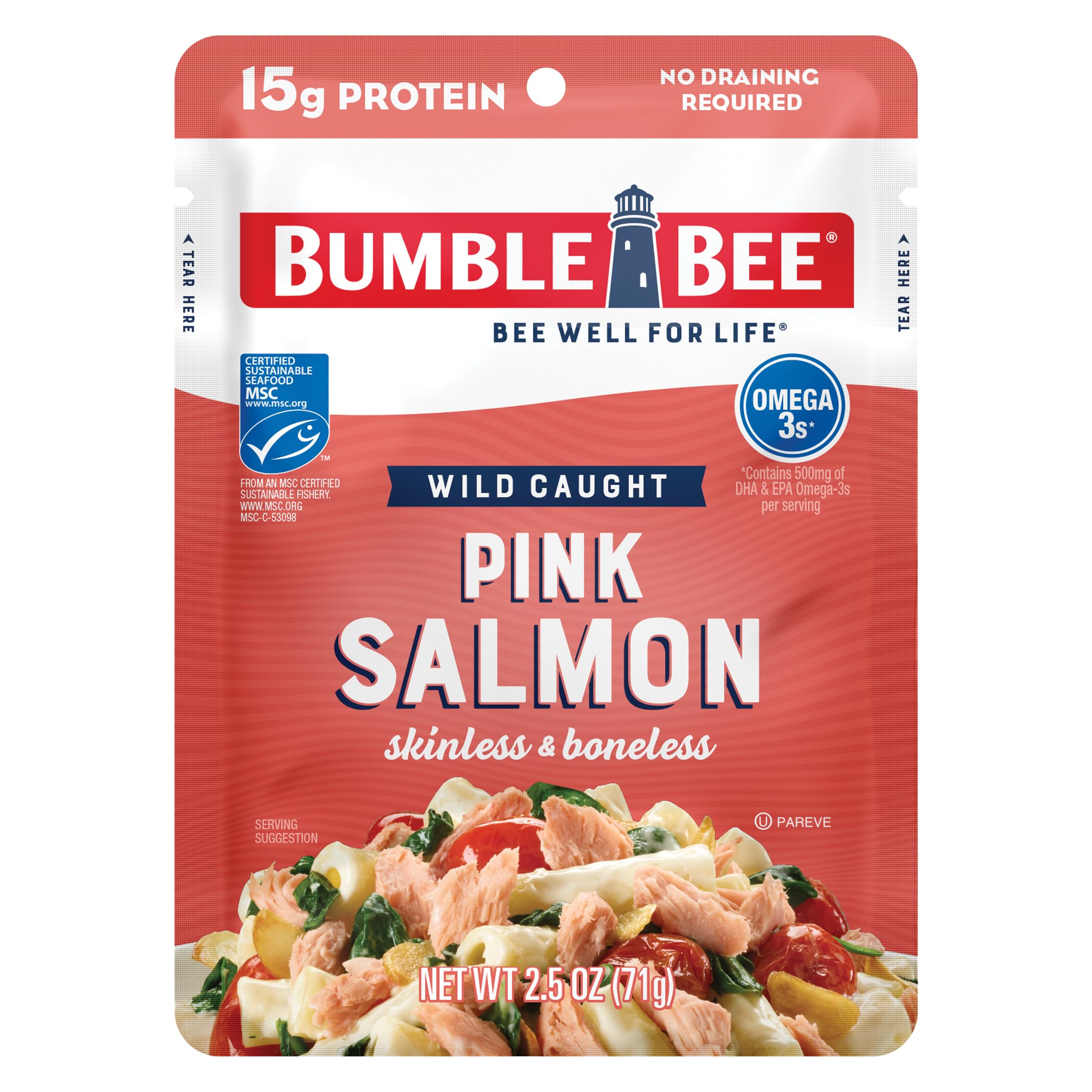 Bumble Bee Skinless & Boneless Pink Salmon, 5 oz Pouch - Premium Wild Caught Salmon for Snacks, Sandwiches & Recipes - 29g Protein per Serving - Gluten Free, Kosher, MSC Certified