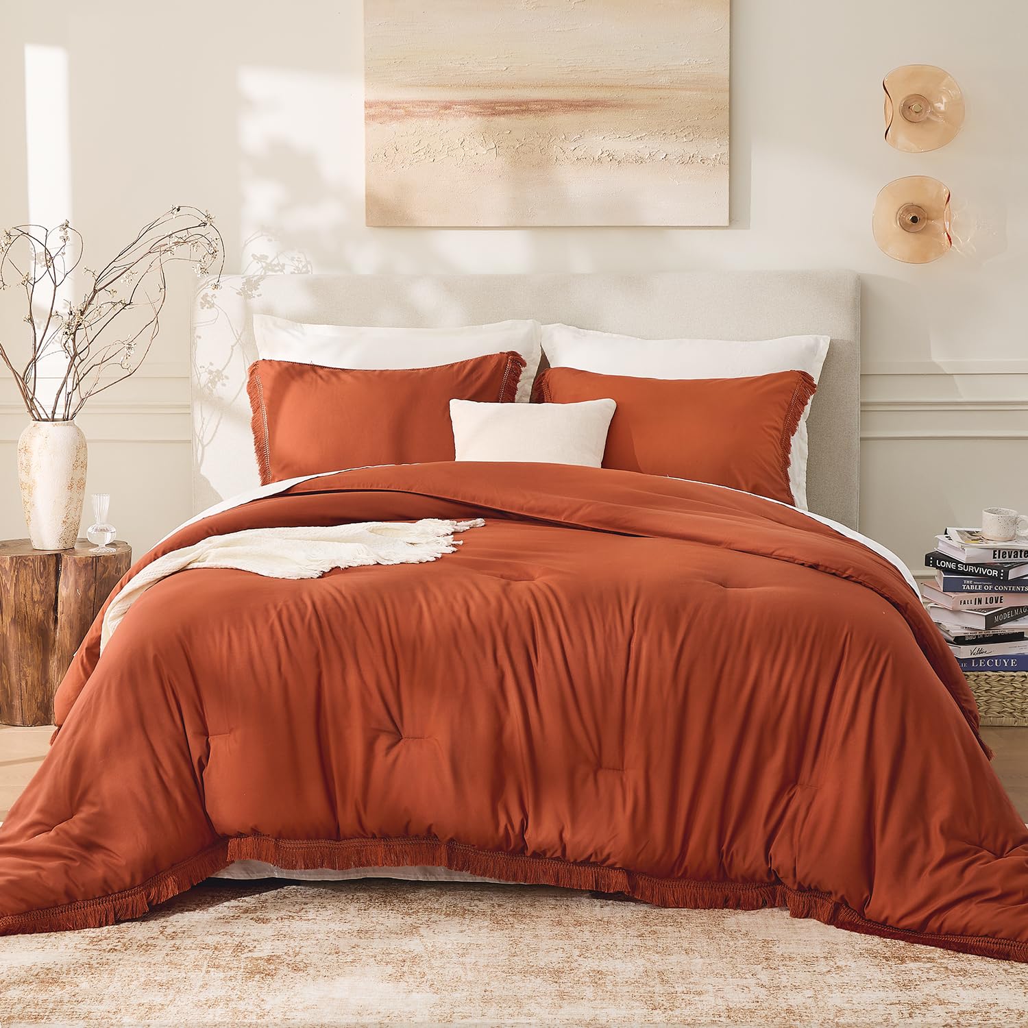 Andency Comforter Full Size Set Burnt Orange, 3 Pieces Boho Terracotta Winter Lightweight Bedding Comforter Sets, All Season Rust Tassel Bed Set (79x90In Comforter & 2 Pillowcases)