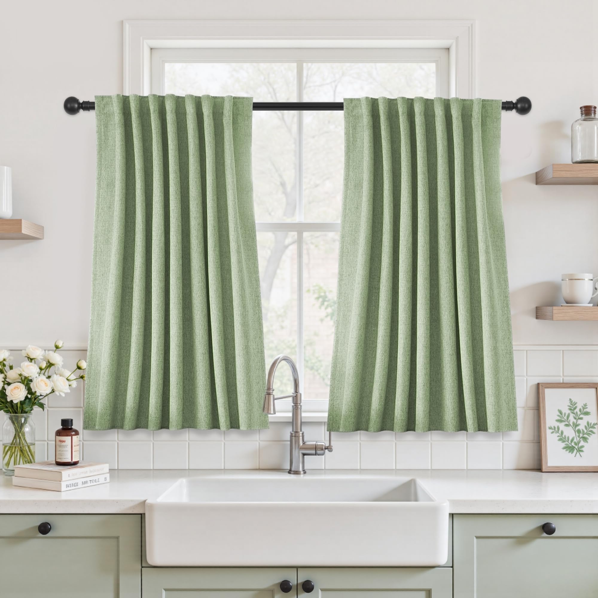 UHITECH Short Linen Curtains 24 Inch Long for Farmhouse Small Windows Modern Cafe Sytle Blackout Curtains for Living Room Back Tab Thermal Black Out Drapes 2ft