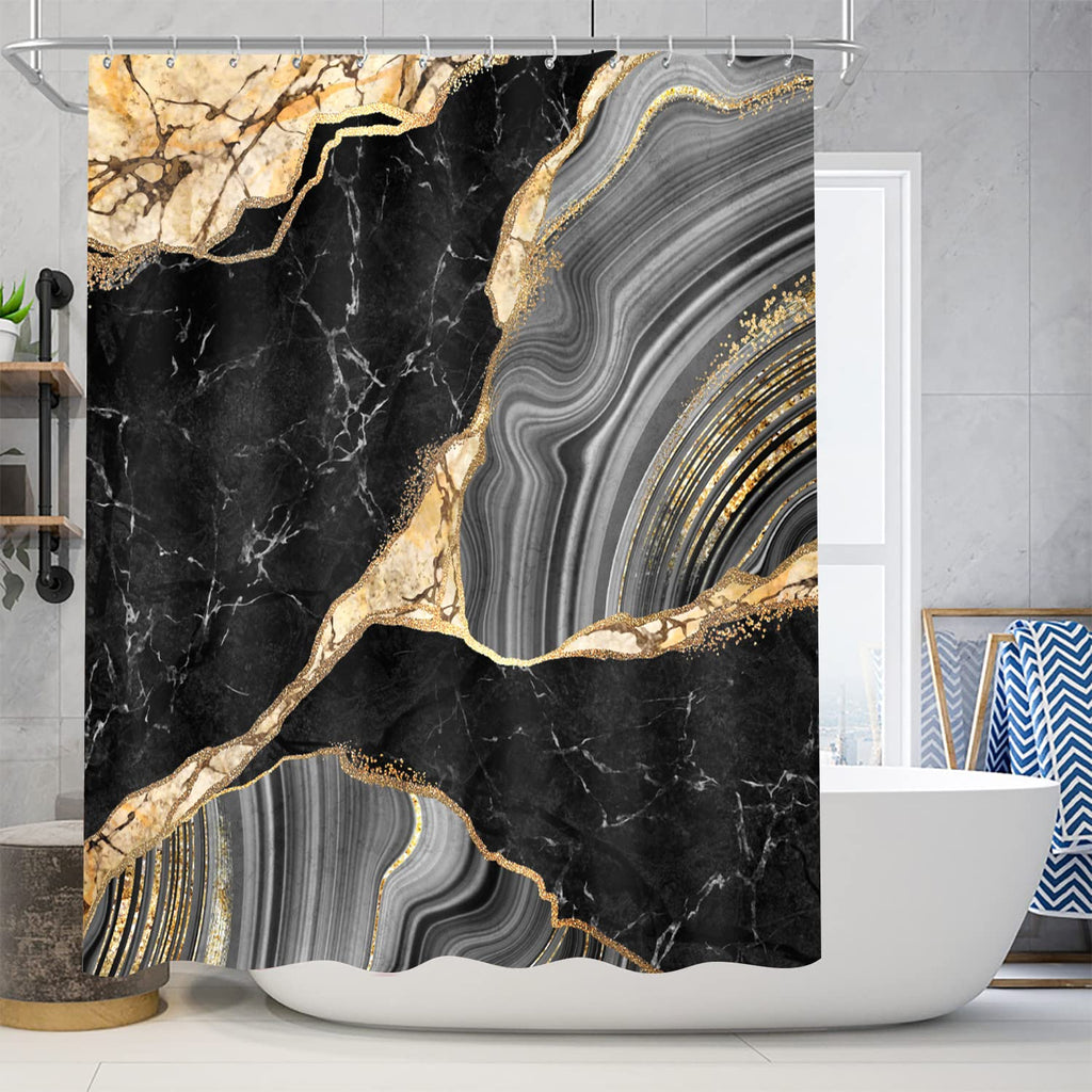 Nkzply 4 Pcs Black Marble Shower Curtain Sets with Rugs Gold Bathroom Sets with Shower Curtain and Rugs Modern Abstract Bathroom Decor Accessories Shower Curtains for Bathroom Toilet Lid Cover