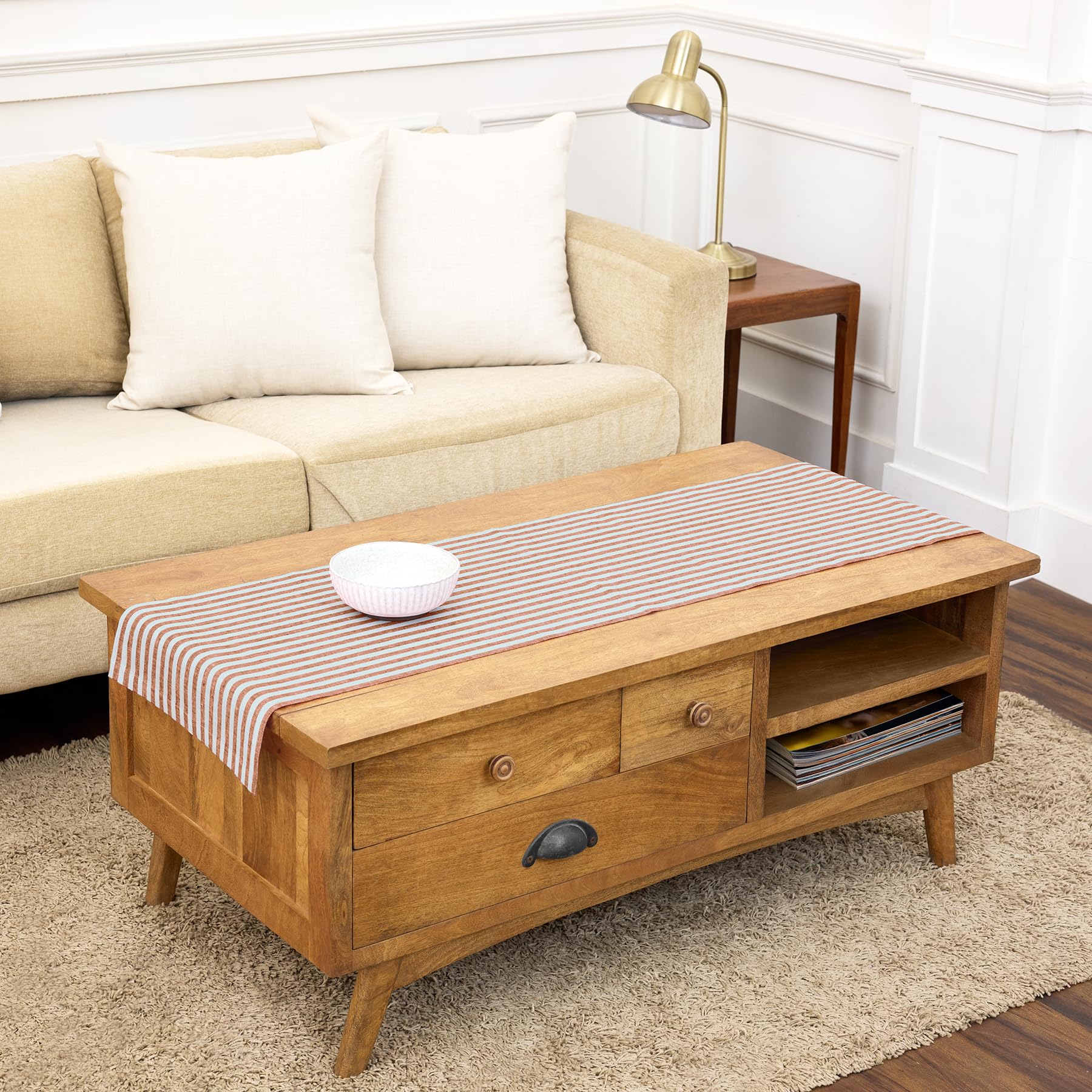 Solino Home Linen Table Runner 36 Inches - Amalfi Stripe 100% Pure Linen Natural and White Table Runner 14 x 36 Inch Ideal for Dresser and Coffee Tables - Summer