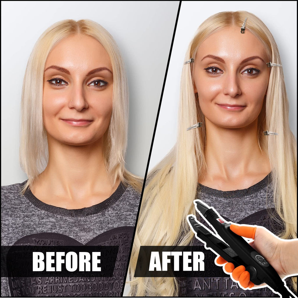 Hair Extensions Iron Fusion Keratin Hair Extensions Heat Tool Heat Connector Wand with Fusion Glue Protector Template Hair Clip Finger Protector 2 Bag Keratin Glue Granule Bead(Black)